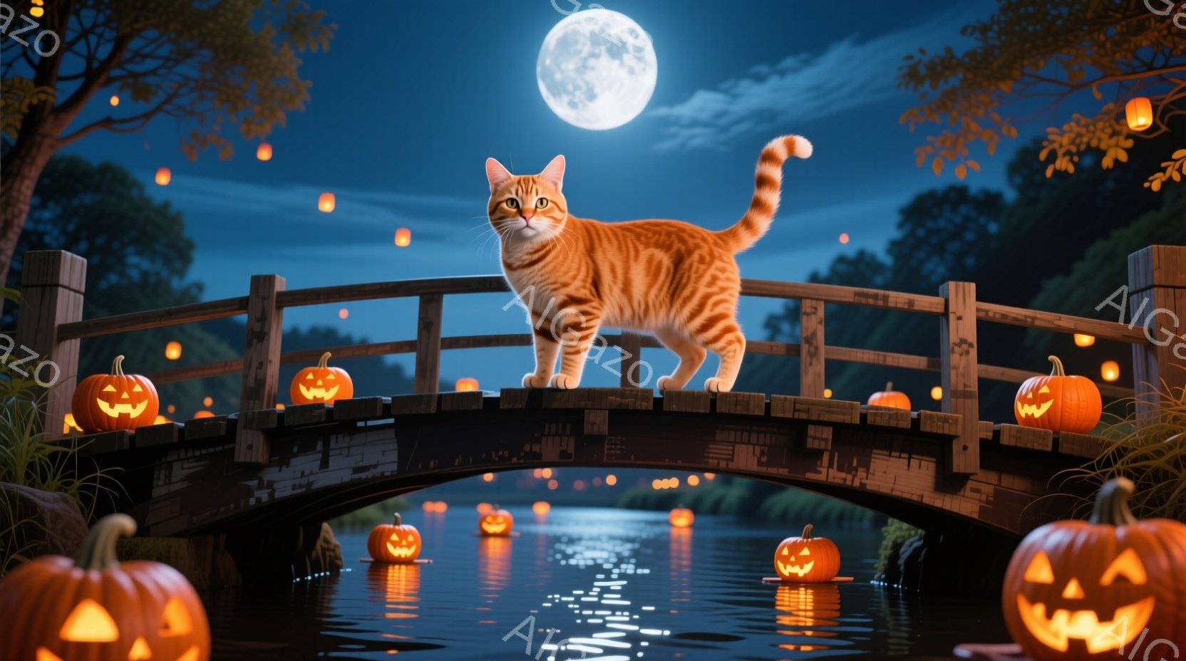 オレンジ色のトラ猫が、ハロウィーンの飾りであるカボチャが浮かぶ小川にかかる木製の橋の上で、後ろ足を伸ばして立っている。満月が夜空に輝き、カボチャの光が水面に反射し、幻想的な雰囲気を醸し出している。木々 - AI生成フリー素材