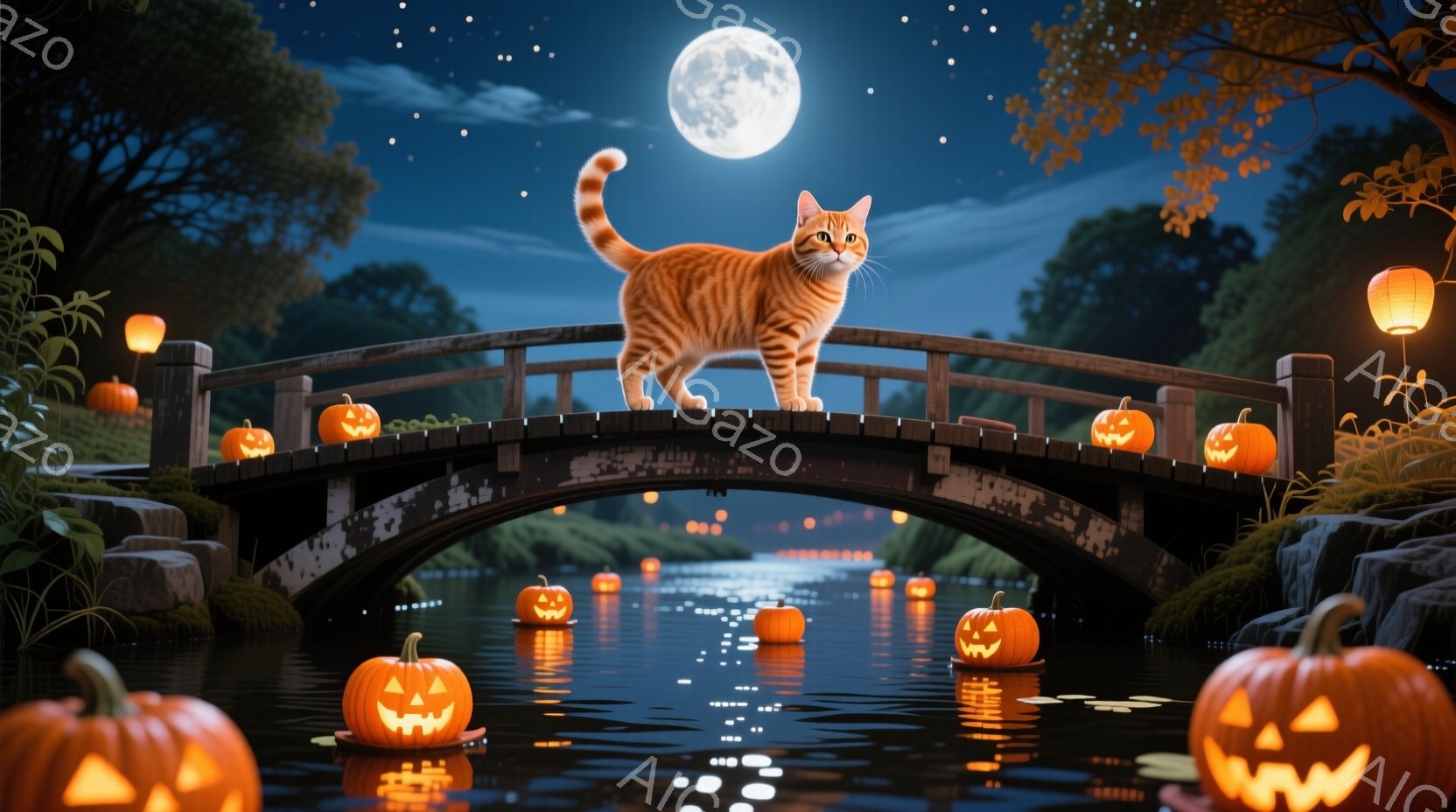満月の夜、アーチ型の石橋の上にオレンジ色の猫が堂々と立っている。橋の周りと水面には、不気味な笑顔で照らされたたくさんのジャック・オー・ランタンが浮かび、秋の夜の神秘的な雰囲気を醸し出している。背景には緑豊かな木々が広がり、水面に映る光が幻想的な光景を作り出している。