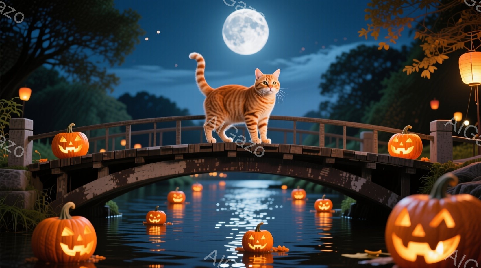 満月の夜、小さな木橋の上をオレンジ色のトラ猫が堂々と歩いている。橋の欄干や水面には、ジャック・オー・ランタンが浮かび、ハロウィーンの雰囲気を醸し出している。背景には暗い緑の木々が並び、水面に映る月光が幻想的な光景を作り出している。