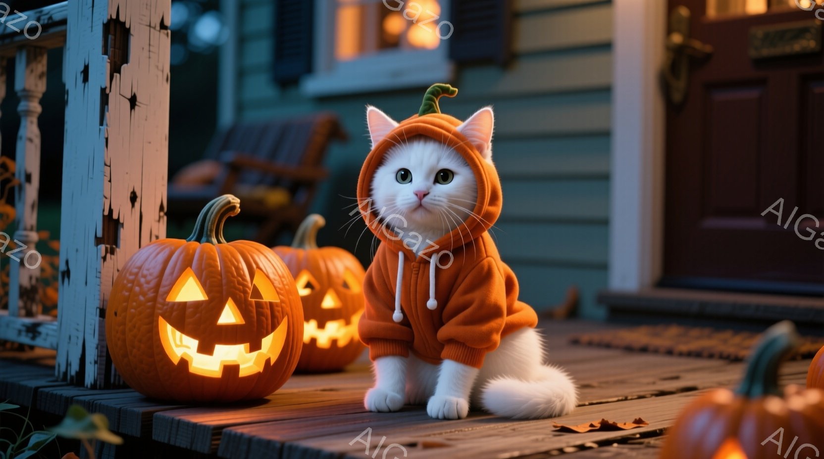 白い猫がオレンジ色のパーカーを着て、木製のデッキに座っています。猫は正面を見据え、穏やかで好奇心旺盛な表情をしています。背景にはハロウィーンの飾り付けが施された家があり、暖かい光が灯り、落ち葉が散らば - AI生成フリー素材