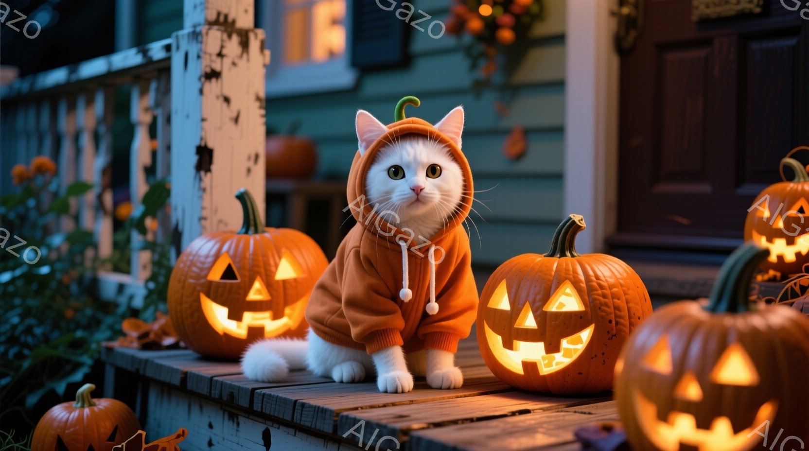 白い猫がオレンジ色のカボチャの衣装を着て、縁側の階段に座っています。周りにはジャック・オー・ランタンが並び、背景には緑色の家と植物が見えます。全体的にハロウィーンの温かく楽しい雰囲気が漂っています。 - AI生成フリー素材