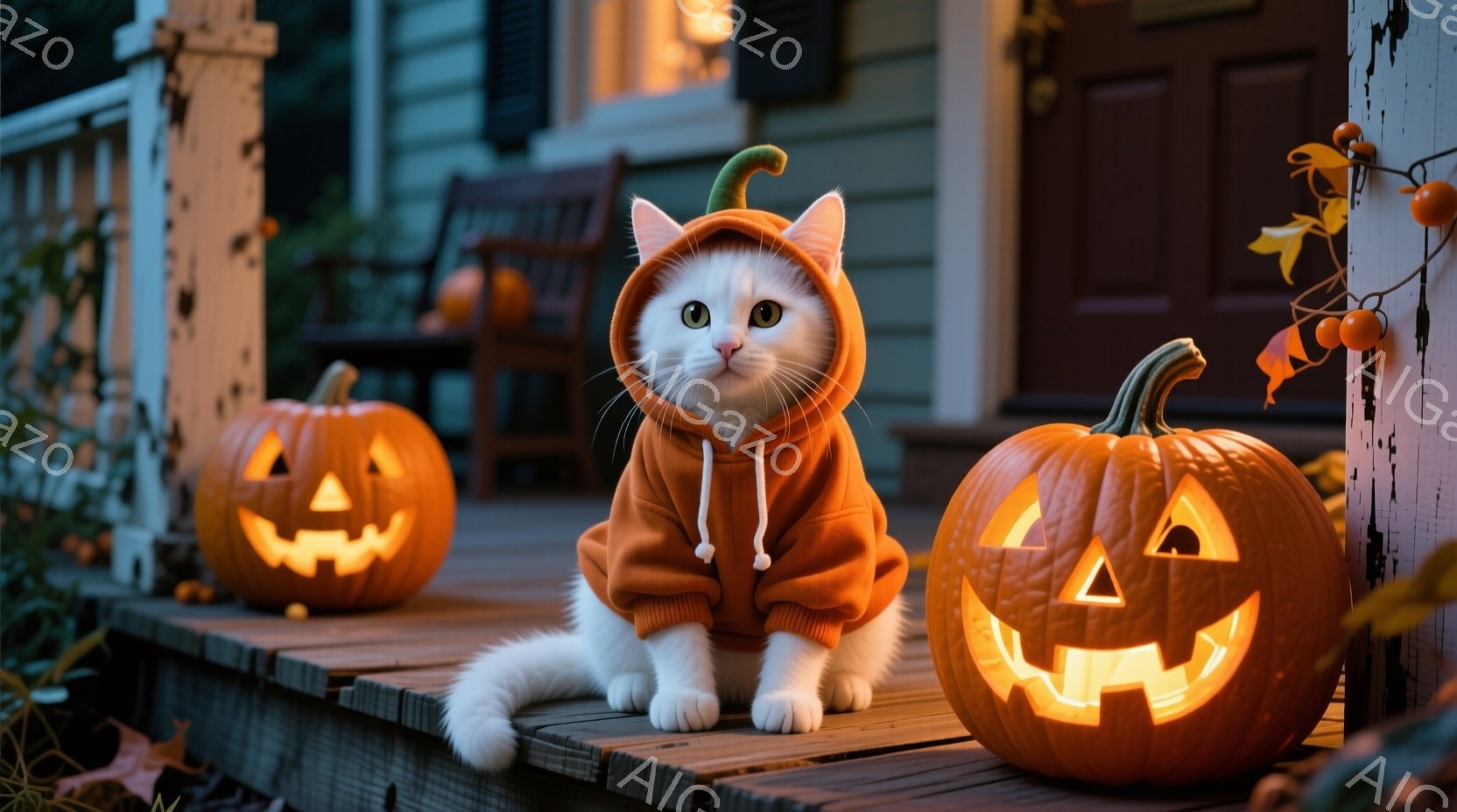 白い猫がオレンジ色のカボチャのパーカーを着て、石段に座っています。猫は正面を見ており、少し微笑んでいるように見え、リラックスした様子です。背景には、点灯したジャック・オ・ランタンがいくつか置かれ、秋の夜の暖かい雰囲気を醸し出しています。