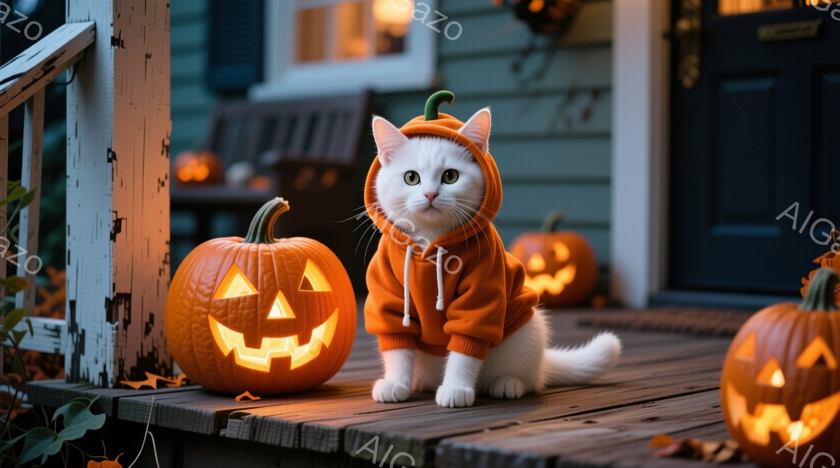 白い猫がハロウィーンのオレンジ色のカボチャの衣装を着て、木製のデッキに座っています。猫は正面を見ており、リラックスした表情をしています。背景には、光るジャック・オー・ランタン、木製の柵、そして薄暗い家の玄関があり、ハロウィーンの温かくお祝いムードを醸し出しています。