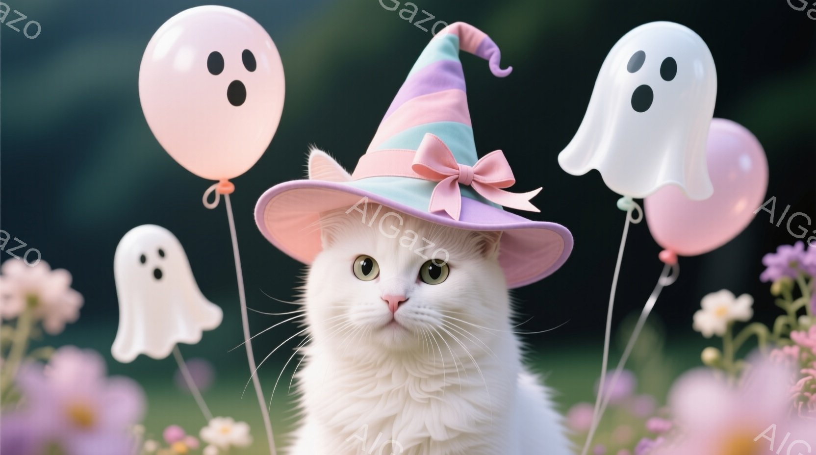 白い猫が、ピンクと紫色のハロウィーン風帽子をかぶって正面を見つめています。猫の周りには、幽霊のような形をしたピンクの風船が浮かんでおり、背景にはぼやけたピンクと紫の花々が広がっています。全体的に、柔ら - AI生成フリー素材