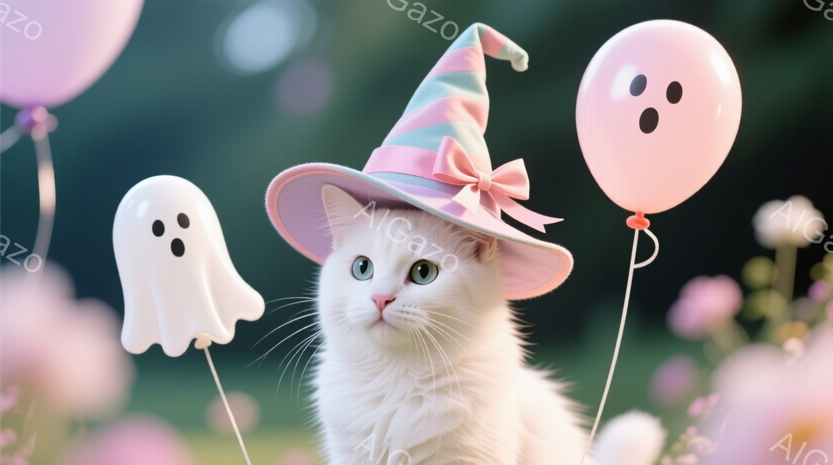 白い猫が、ピンクと緑のストライプが特徴の魔女帽子を被っています。猫は正面を向き、少しつぶらな瞳でこちらを見つめており、穏やかで可愛らしい表情をしています。背景はピンク色の花々でぼやけており、周りにはお - AI生成フリー素材