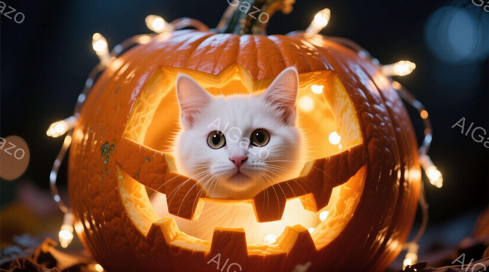 白い子猫が、ジャック・オー・ランタンのようにくり抜かれたオレンジ色のカボチャの中央に顔を出しています。カボチャは不気味な笑顔に見えるように彫られており、内部は明るいオレンジ色の光で照らされています。背 - AI生成フリー素材