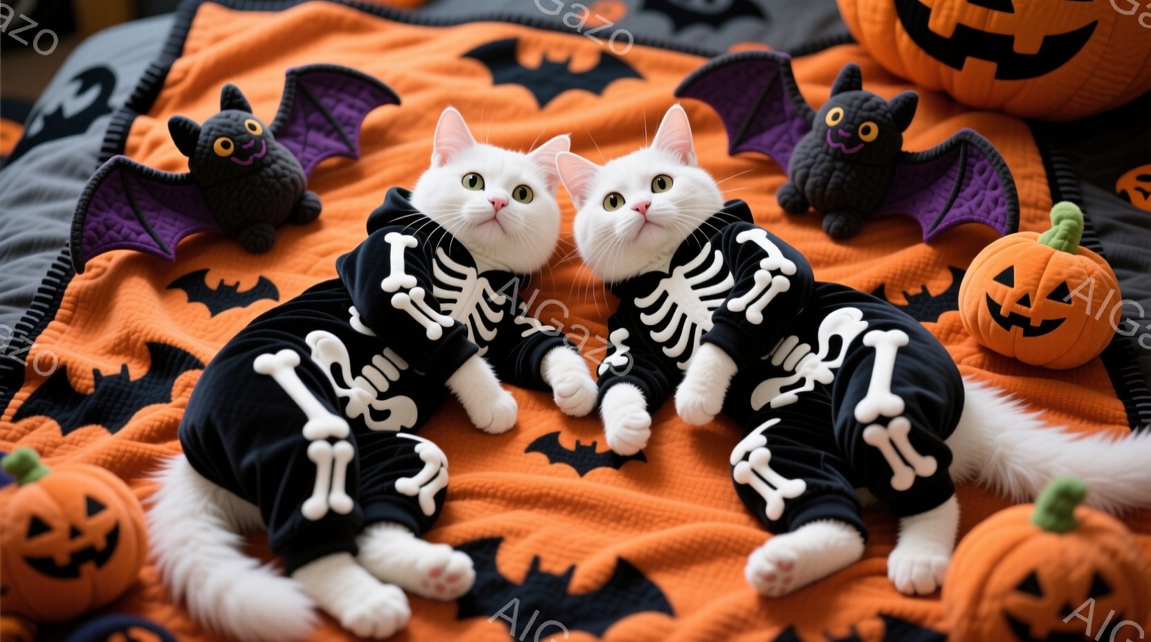 白い猫がハロウィーンの骸骨柄のつなぎを着て、オレンジ色の背景に敷かれたキルトの上に横たわっています。猫たちはリラックスした表情で、寄り添うようにして暖かそうな毛並みを誇っています。背景には、カボチャの形をしたクッションや黒いコウモリのぬいぐるみが散りばめられ、ハロウィーンの雰囲気を盛り上げています。