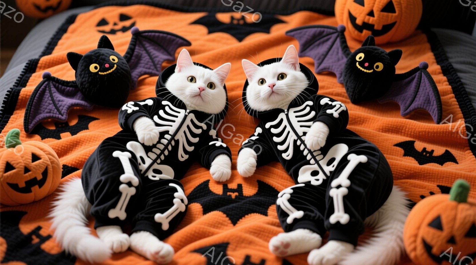 白い猫が2匹、ハロウィーンをテーマにした衣装を着ています。黒いジャンプスーツは骨格のデザインが施されており、猫たちの白い毛並みとコントラストをなしています。背景にはオレンジ色のキルト生地と、黒いコウモリやカボチャのぬいぐるみがあり、お祭り気分を盛り上げています。