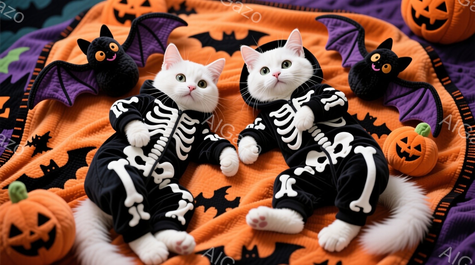 白い猫が二匹、ハロウィーンをテーマにした黒い骸骨柄のジャンプスーツを着ています。二匹ともリラックスして横たわり、片方の猫は前足を組み、もう片方の猫は顔を少し上げています。背景にはオレンジ色のカボチャのぬいぐるみと黒いコウモリのぬいぐるみがあり、全体的にハロウィーンらしい、楽しくてかわいい雰囲気が漂っています。