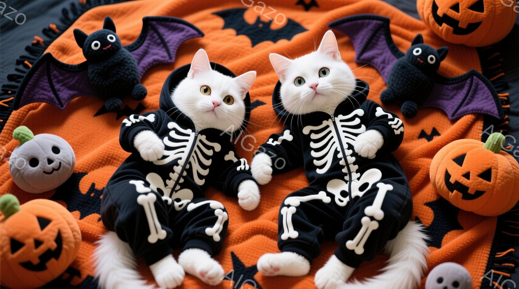 白い猫がハロウィーンの骸骨のコスチュームを着て、オレンジ色の背景の前に座っています。猫は正面を向き、リラックスした表情で、まるで楽しんでいるようです。背景には、黒いコウモリやオレンジ色のジャック・オ・ - AI生成フリー素材