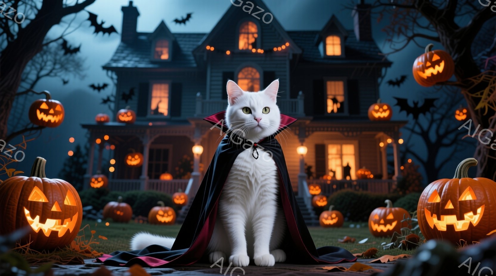 白い猫が黒いマントを着て、正面をまっすぐ見つめて座っています。背景には、ハロウィーンのランタンで飾られた屋敷があり、暗い夜空にはコウモリが舞っています。全体的に、不気味でありながらも可愛らしいハロウィ - AI生成フリー素材