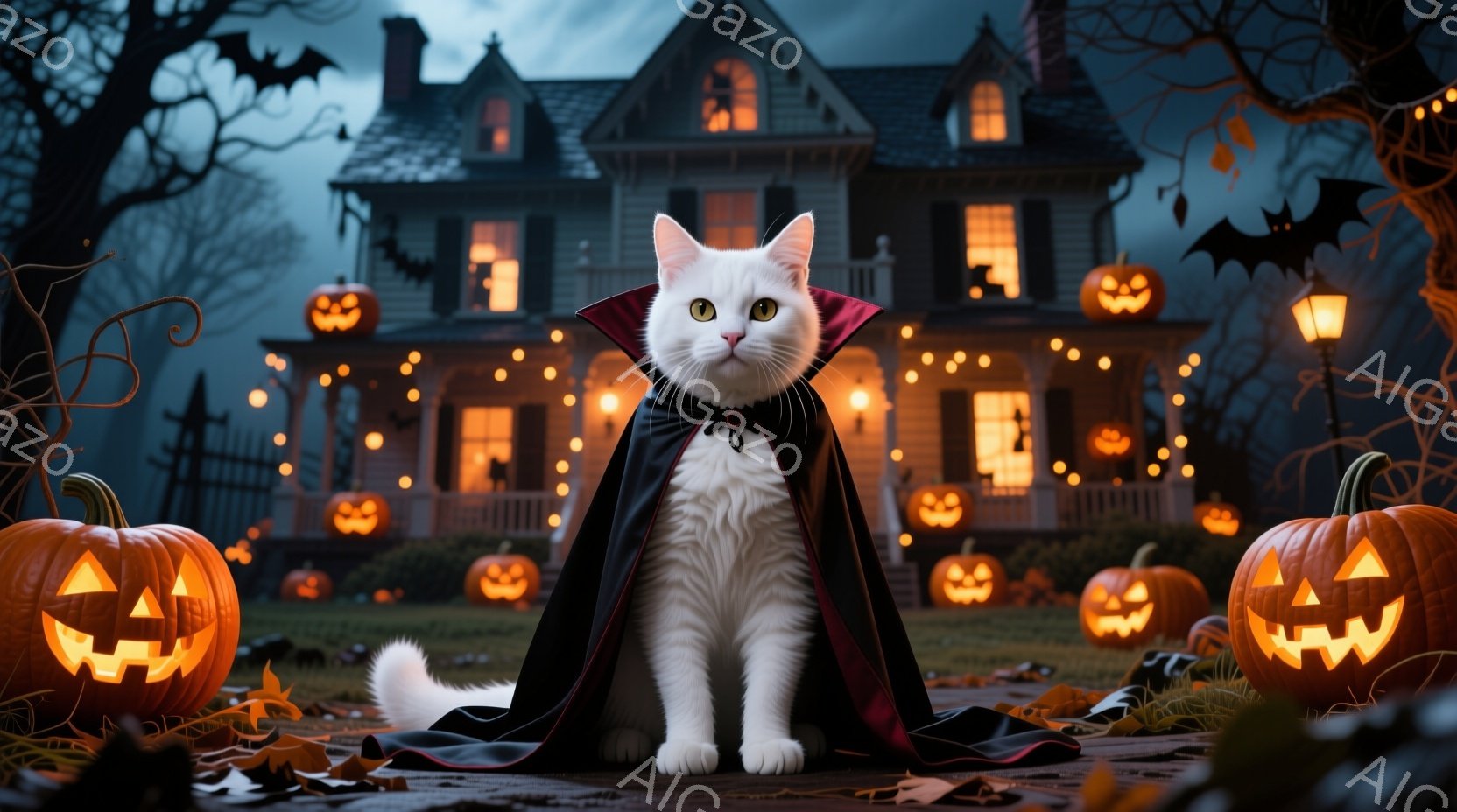 白い猫が黒いマントを羽織り、正面を見つめて座っています。背景には、たくさんのジャック・オー・ランタンで飾られた、薄暗い屋敷と、暗い夜空に舞うコウモリが見えます。ハロウィーンの夜を思わせる、少し不気味で - AI生成フリー素材