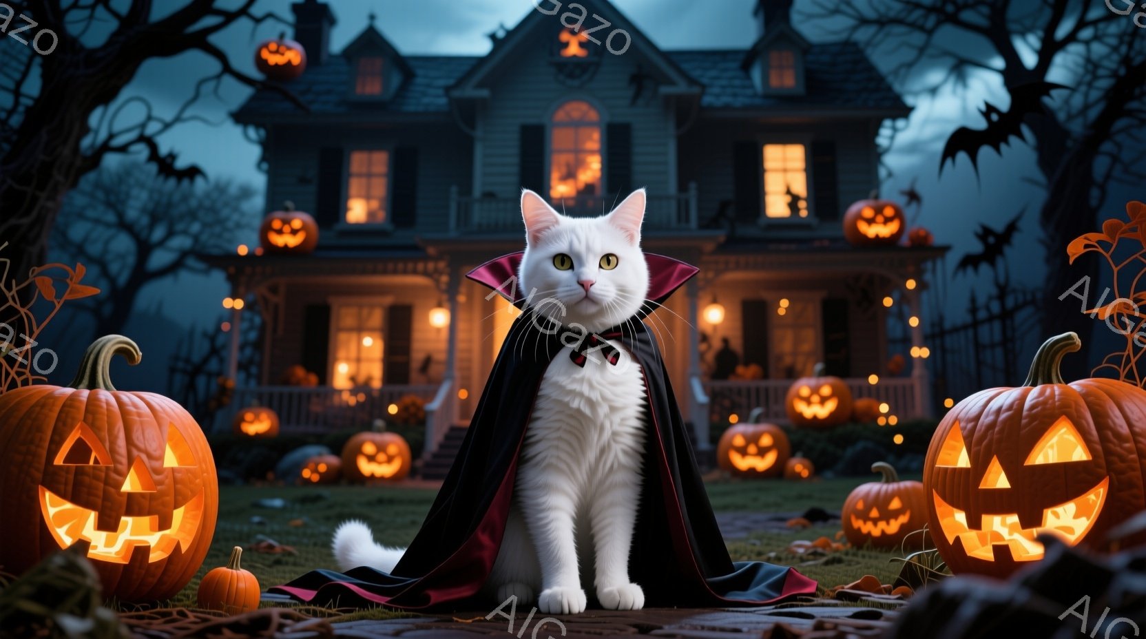 白い猫が黒いケープと赤いリボンタイを身につけ、正面を見つめて座っています。背景には、ハロウィーンのランタンで飾られた薄暗い屋敷と、木の枝が広がる夜空が広がっています。全体的に、不気味でありながらも可愛らしいハロウィーンの雰囲気が漂っています。