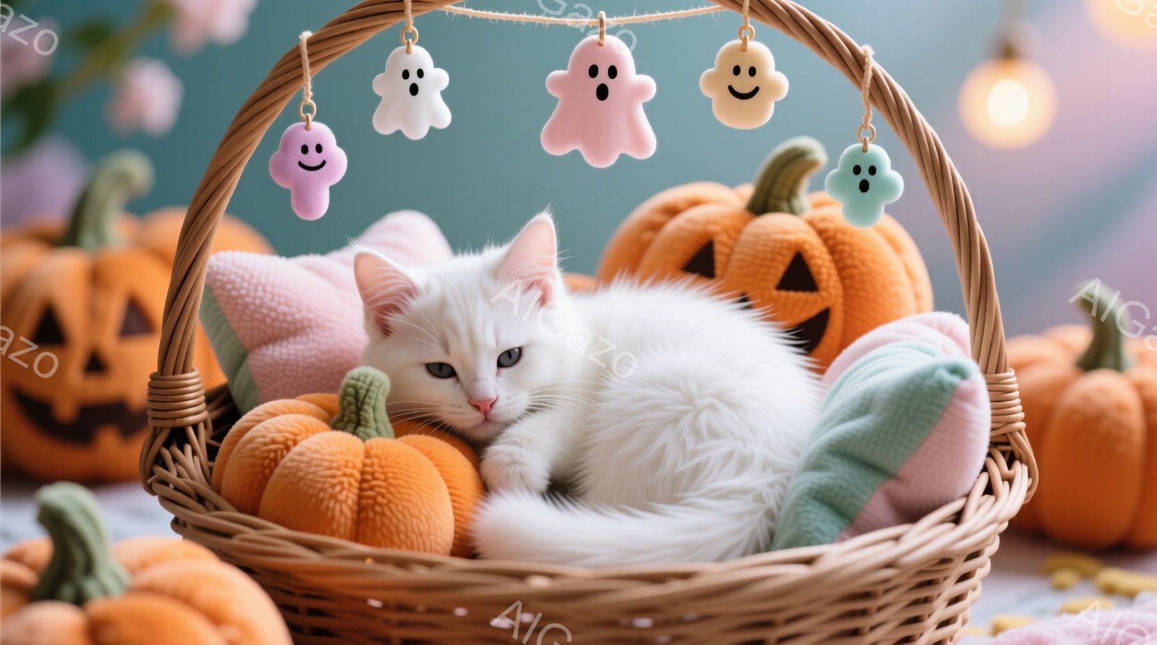 白い子猫が、ハロウィーンの飾りでいっぱいのバスケットの中に丸まって眠っています。オレンジ色のカボチャのぬいぐるみとパステルカラーの幽霊のオーナメントに囲まれ、リラックスした様子が伺えます。背景にはさら - AI生成フリー素材