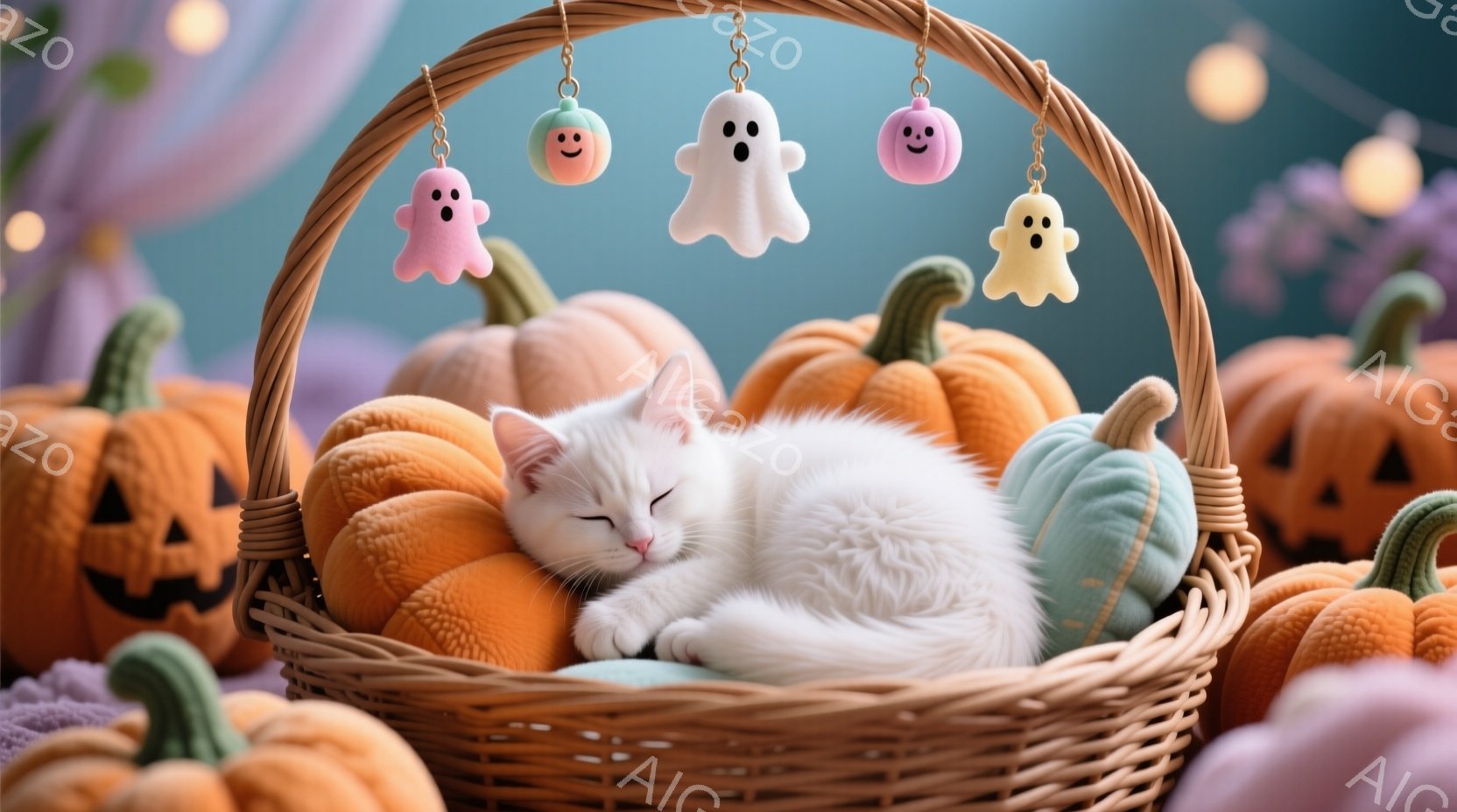 白い子猫が、ハロウィーンの装飾が施されたバスケットの中で丸まって眠っています。背景には、様々な大きさのオレンジと水色のカボチャが散りばめられ、かわいらしいお化けの飾りも吊るされています。全体的に柔らか - AI生成フリー素材