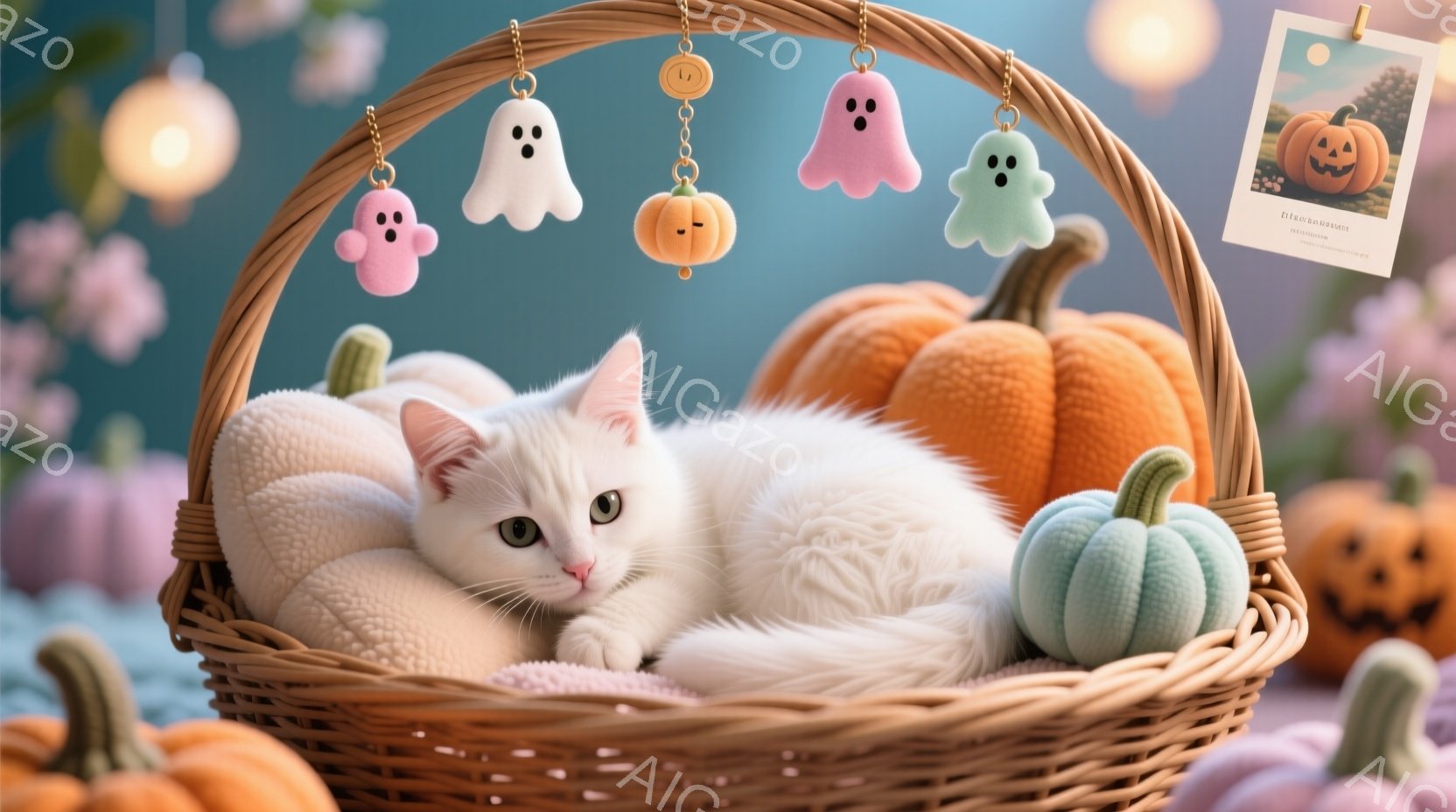 白い猫が、ピンク色のふわふわした縁取りが施されたバスケットの中に横たわっています。背景には、様々な色と形のカボチャが散りばめられ、可愛らしいゴーストの飾りも吊るされています。全体的に暖かく、ハロウィーンを連想させる、夢のような雰囲気です。