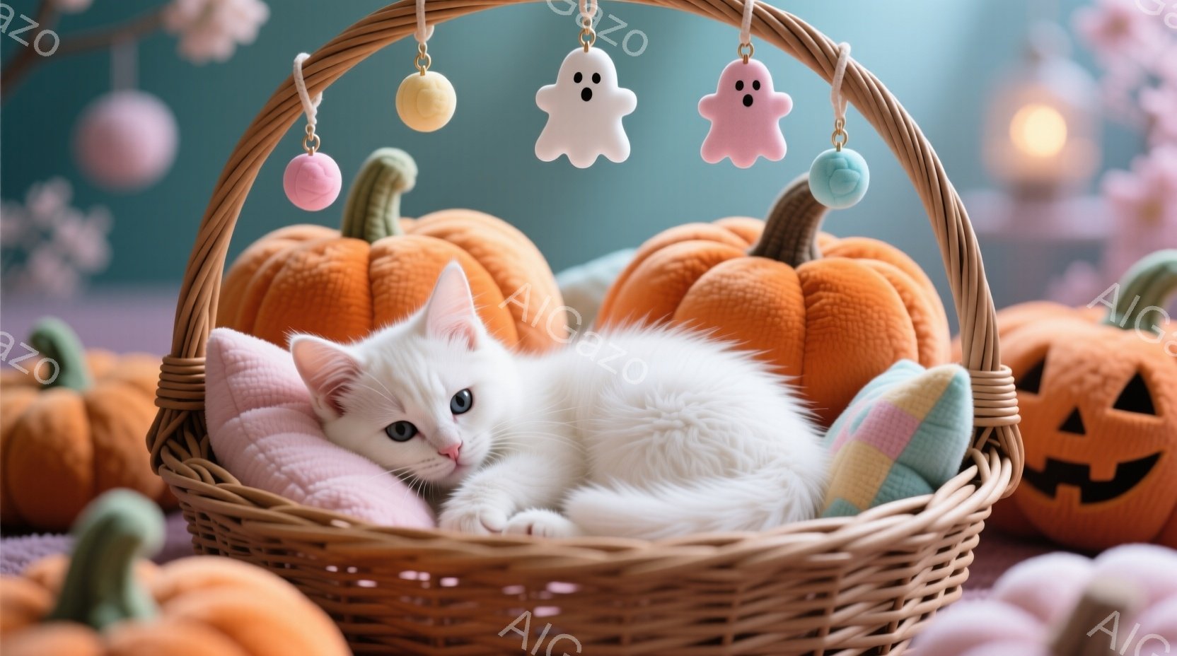白い子猫が籐製の籠の中にピンク、水色、白のクッションに寄りかかって横たわっています。背景には様々な大きさのオレンジ色のカボチャと、可愛らしいお化けの飾り付けが吊るされています。全体的に、暖かく、可愛らしく、ハロウィーンらしい雰囲気です。