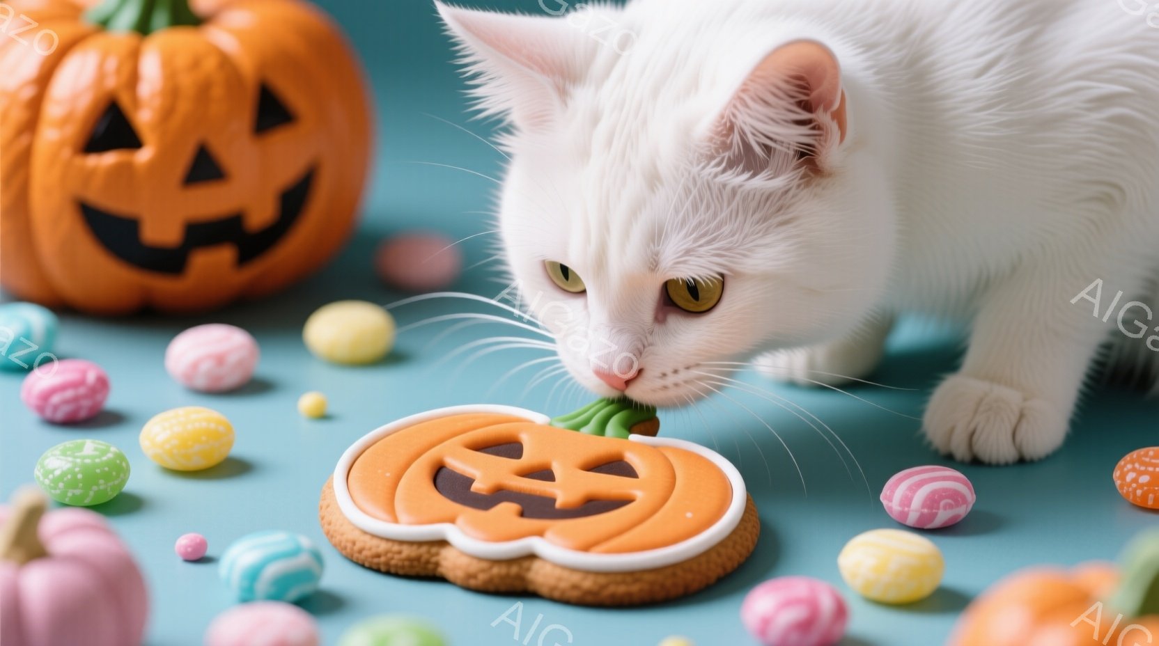 白い猫が、ハロウィーンをテーマにしたクッキーに鼻を近づけています。背景には、オレンジ色のカボチャの飾りと、カラフルなキャンディーが散りばめられており、ハロウィーンの雰囲気を醸し出しています。全体的に、暖かく、かわいらしい、お祝いのムードが感じられます。