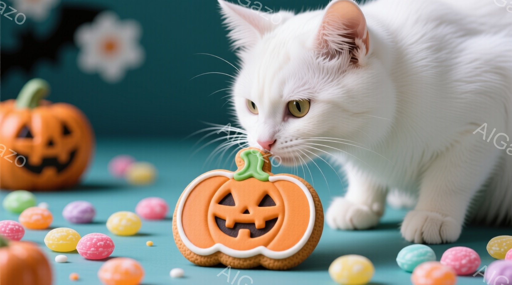 白い猫が、ハロウィーンのクッキー型パンプキンに鼻を近づけています。背景には、小さなキャンディーや、別のパンプキンの置物が散らばっており、青緑色の背景がハロウィーンの雰囲気を引き立てています。猫は好奇心と少しの警戒心を表した表情で、可愛らしい雰囲気を醸し出しています。