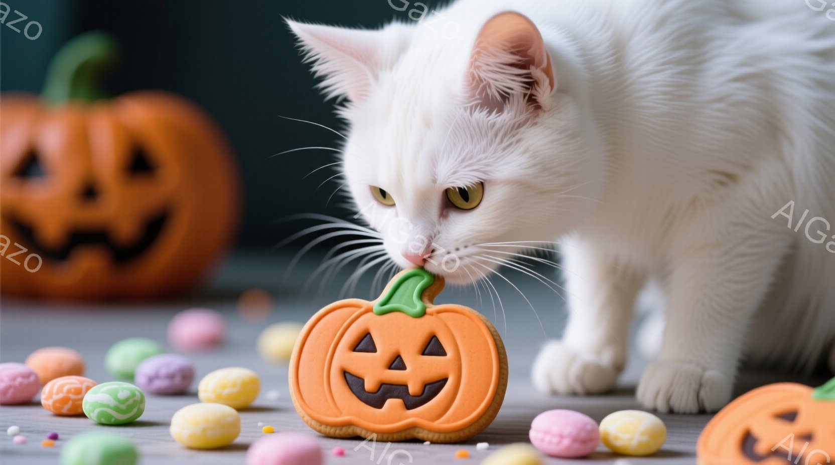 白い猫がハロウィーンのパンプキンクッキーに近づき、鼻でそっとつついている様子が写っています。背景には、いくつかのキャンディーや他のパンプキンがぼやけて見え、ハロウィーンの楽しい雰囲気を醸し出しています。猫の表情は好奇心旺盛で、クッキーに興味津々であることが伝わってきます。