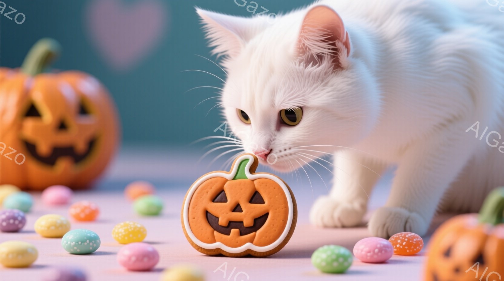 白い猫がオレンジ色のパンプキンクッキーに鼻を近づけています。周囲にはカラフルなキャンディーが散らばり、背景にはハロウィーンの装飾であるカボチャがぼんやりと見えます。全体的に、暖かく、お祝いムードで、秋 - AI生成フリー素材