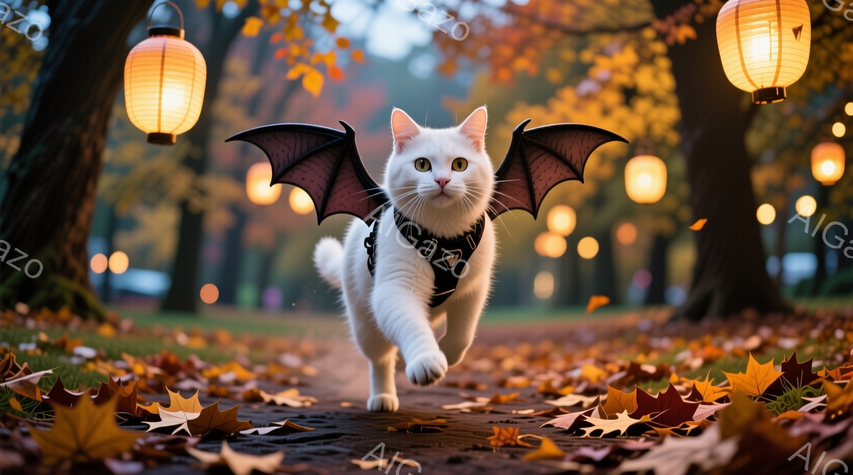 白い猫が、黒い翼とハーネスを身に着けて、落ち葉が敷き詰められた道を駆けている。背景にはぼやけた木々と、暖かい光を放つ提灯が並び、秋の夕暮れのような雰囲気である。猫は前方をまっすぐ見つめ、躍動感に満ちた姿が印象的だ。