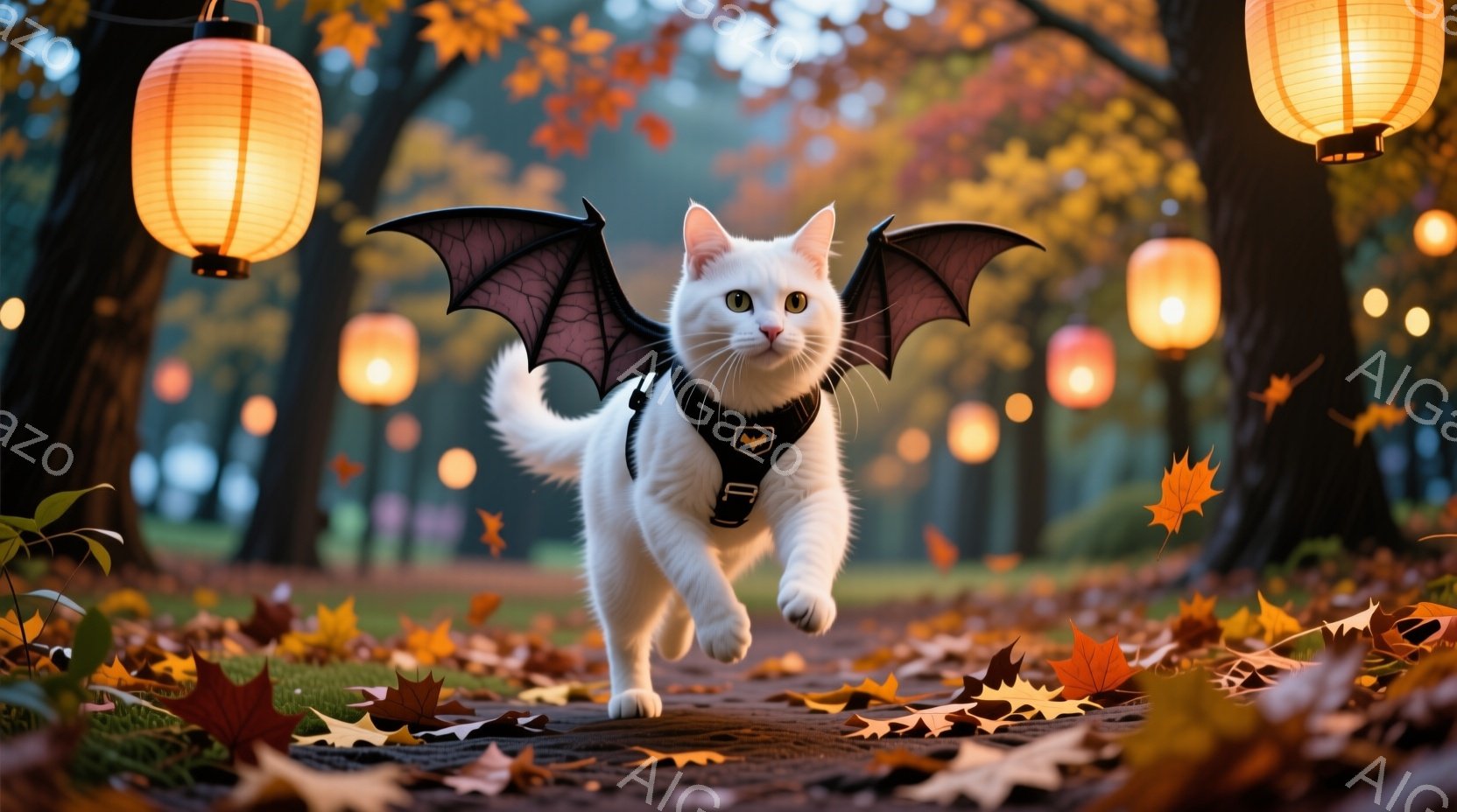 白い猫がハロウィーンのコスチュームで、黒い翼とハーネスを身に着けて、落ち葉が散らばる道の上を走っています。背景には、オレンジ色の光を放つ提灯が並び、秋の風景が広がっています。猫は前方を向き、楽しそうな表情で、活気に満ちた秋の雰囲気を醸し出しています。