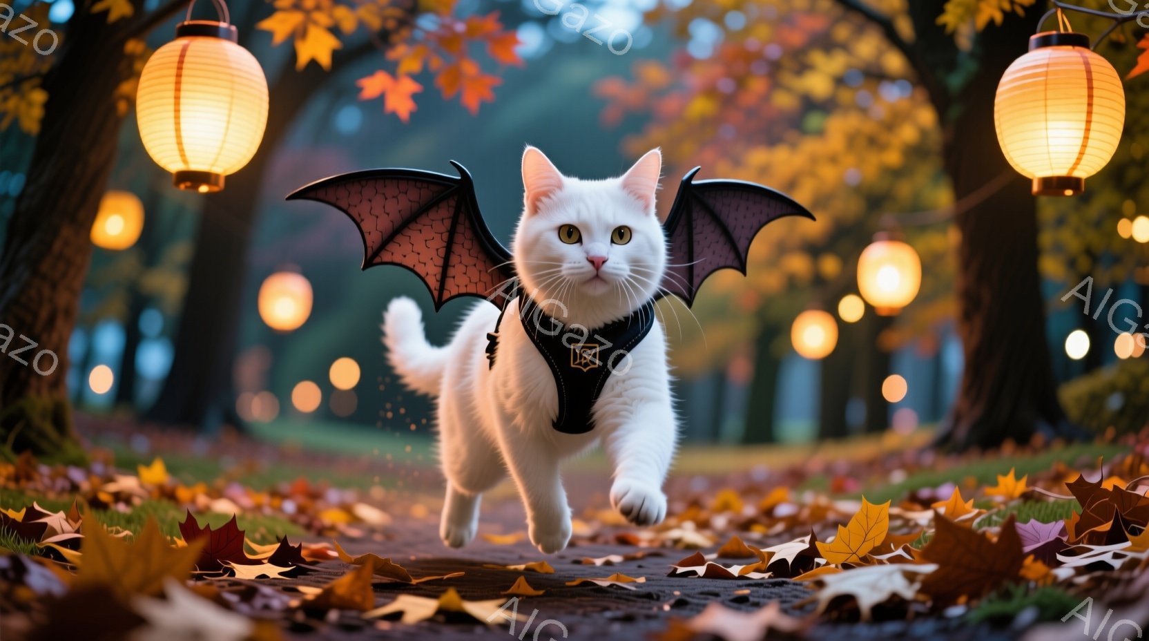 白い猫がハロウィーンのコスチュームである黒い翼とハーネスをつけて、落ち葉が散らばる道の上を走っている。背景にはぼんやりと木々が見え、オレンジ色の提灯が吊るされていて、秋の夜の幻想的な雰囲気を醸し出している。猫は前方をまっすぐ見つめ、活発で楽しそうな表情をしている。