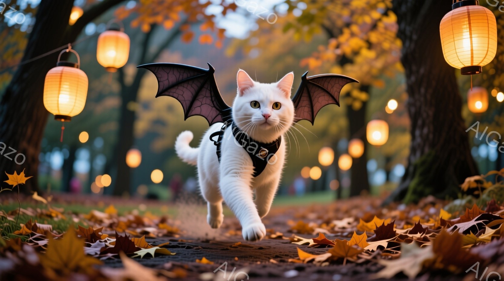 白い猫が、黒い蝙蝠の羽を身につけ、落ち葉が敷き詰められた遊歩道を駆けている。背景にはぼやけた木々と、温かい光を放つ提灯が並び、秋の穏やかな夕暮れを思わせる。猫の表情は楽しそうで、活発な動きと背景の暖かさが相まって、陽気で幻想的な雰囲気を醸し出している。
