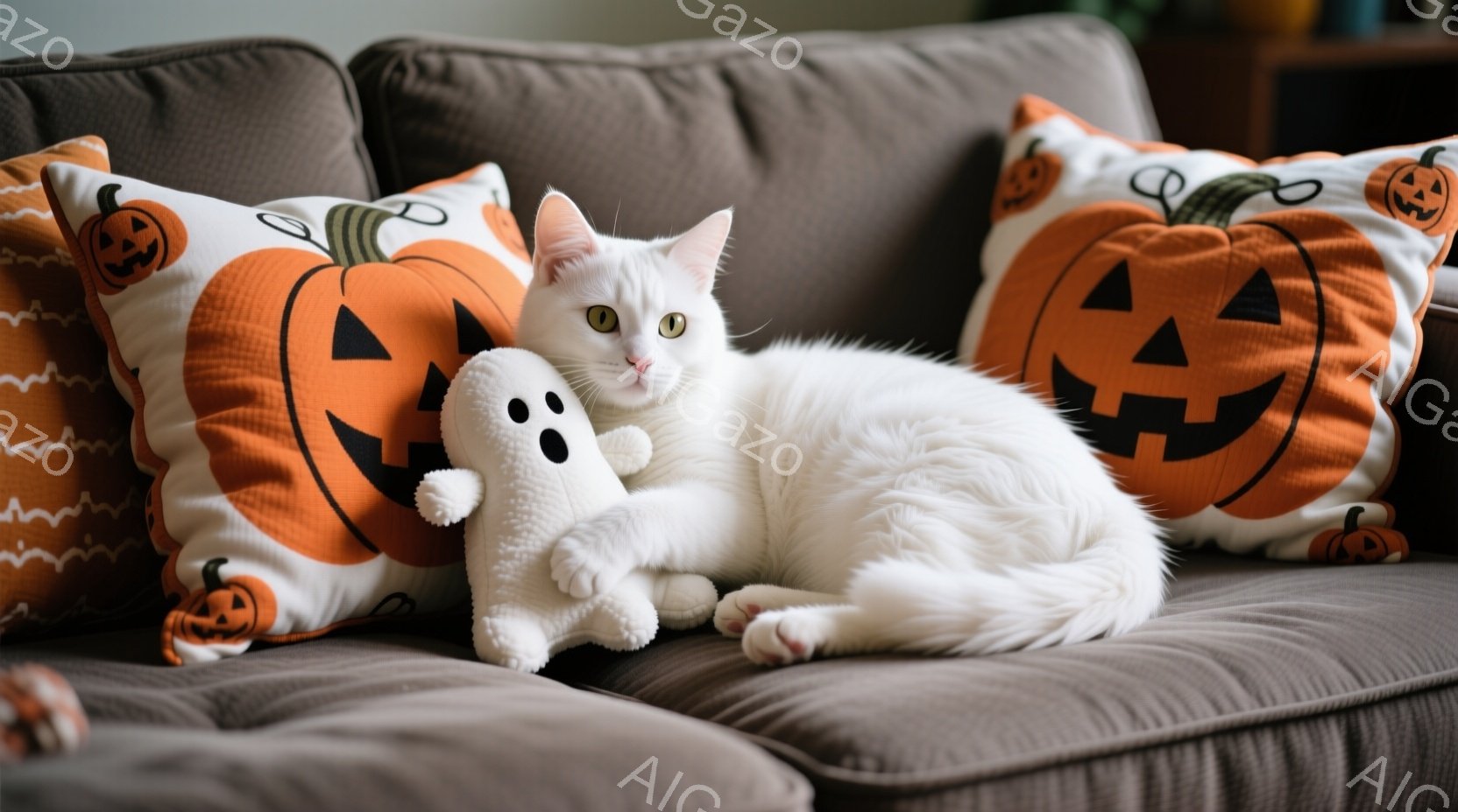 白い猫がハロウィーンをテーマにしたクッションに囲まれた茶色のソファで横たわっています。猫はリラックスした姿勢で、片足を前に伸ばし、穏やかな表情をしています。背景はぼやけていますが、居心地の良いリビング - AI生成フリー素材