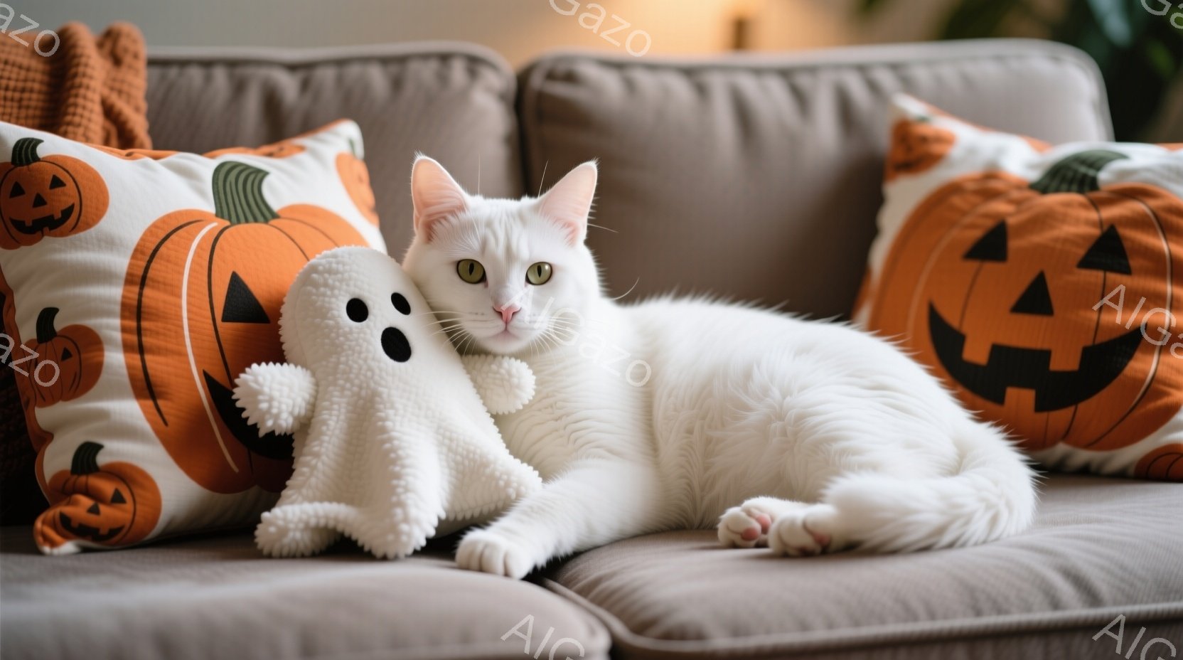 白い猫が、ハロウィーンをテーマにしたオレンジ色のカボチャ柄のクッションに囲まれてソファに横たわっています。猫はリラックスした表情で、白いゴーストのぬいぐるみのおもちゃを抱きかかえています。背景はぼやけていますが、室内であることがわかります。