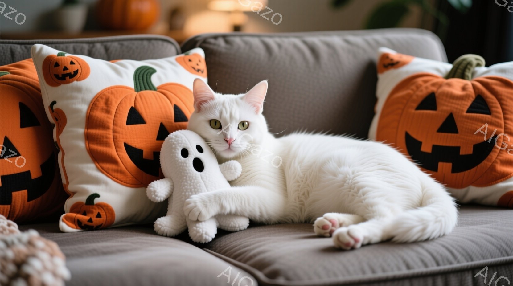 白い猫が、ハロウィーンをテーマにしたオレンジ色のカボチャ柄のクッションに囲まれたグレーのソファでリラックスして横たわっています。猫は白いゴーストのぬいぐるみを抱きかかえ、穏やかな表情でこちらを見ています。背景には、他のカボチャの装飾が見え、暖かく心地よい秋の雰囲気を醸し出しています。