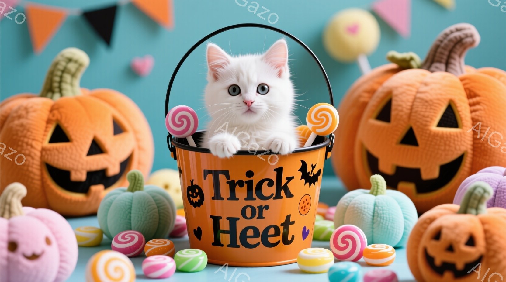 オレンジ色の「トリック・オア・トリート」と書かれたバケツの中に、白い子猫が座っています。背景には、様々な色と大きさのジャック・オー・ランタンや、キャンディが散りばめられており、ハロウィンの楽しい雰囲気が漂っています。全体的に明るく、可愛らしい色彩で、お祭り気分を満喫している様子が伝わってきます。