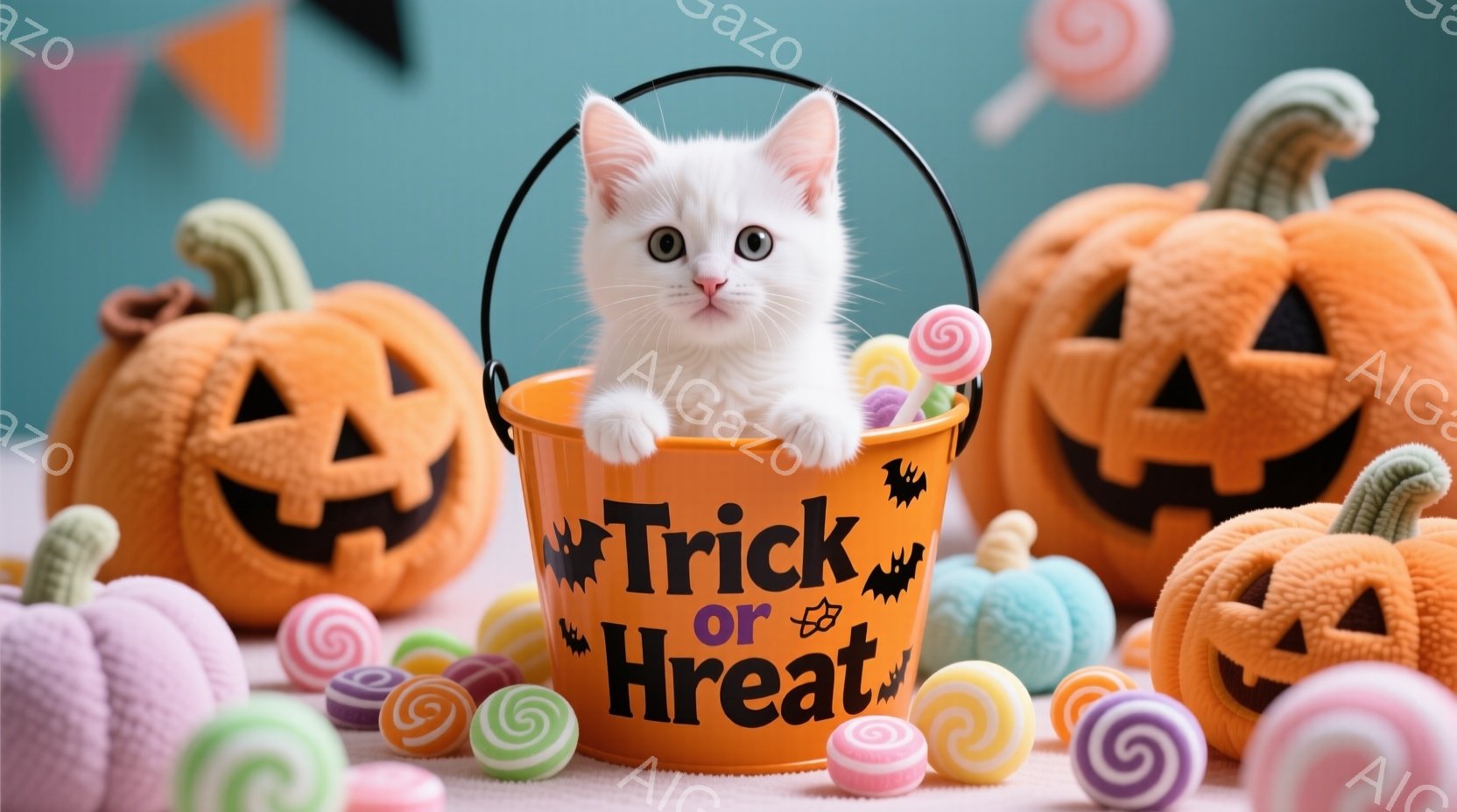 白い子猫が「トリック・オア・トリート」と書かれたオレンジ色のバケツの中に座っており、好奇心いっぱいの表情でカメラを見つめている。背景には、カラフルなキャンディーと、明るいオレンジ色のジャック・オー・ランタンが並び、ハロウィンの楽しい雰囲気を醸し出している。全体的に、暖かく、遊び心のある、お祝いのムードが漂っている。