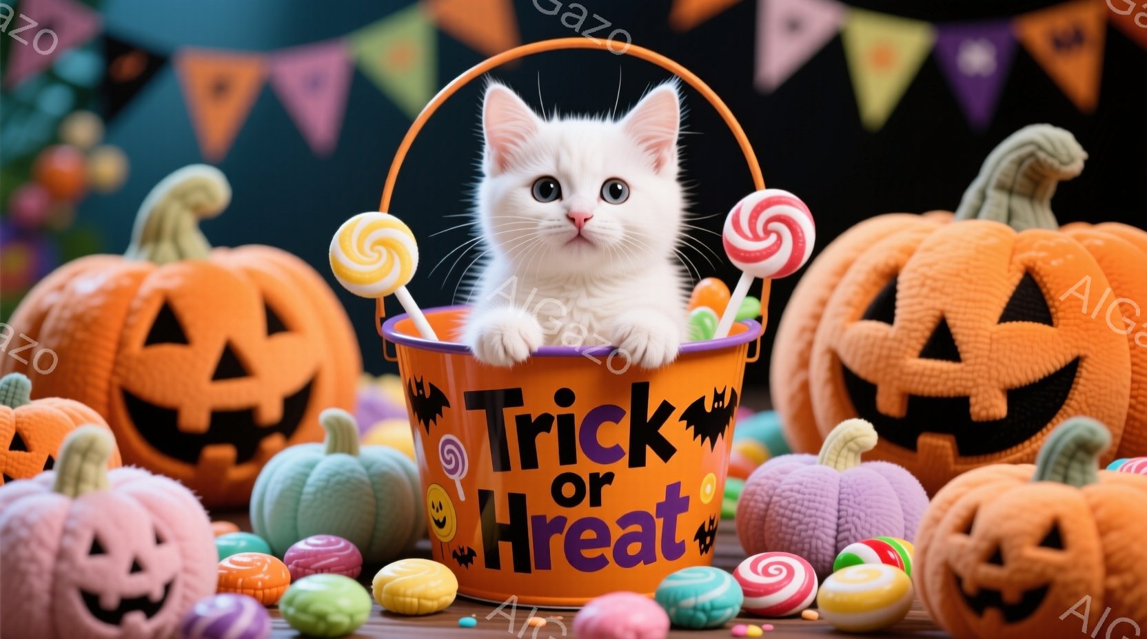 白い子猫が「トリック・オア・トリート」と書かれたオレンジ色のバケツの中から顔を出しています。周囲にはハロウィンのカボチャのランタンやキャンディが散らばり、カラフルな背景が秋の陽気な雰囲気を演出しています。全体的に、可愛らしく、楽しげなハロウィンの情景が表現されています。