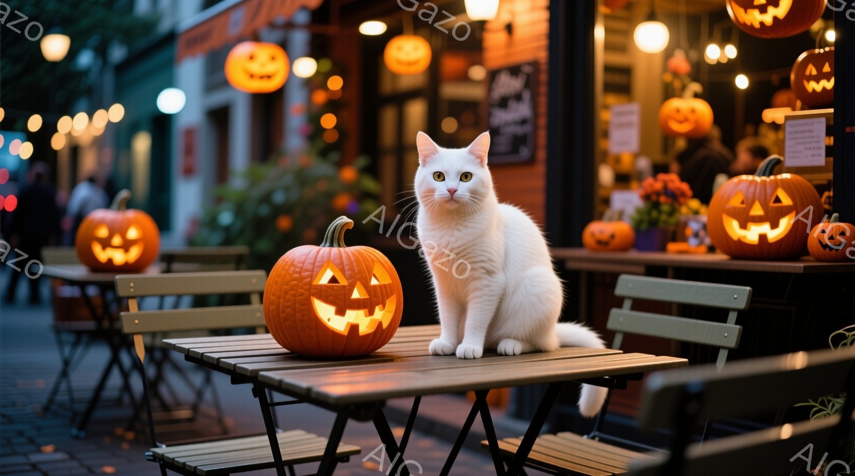 白い猫が、ハロウィーンの飾りが施されたカフェの屋外席に座っています。背景には、オレンジ色のジャック・オー・ランタンが並び、温かく幻想的な雰囲気を醸し出しています。カフェの内部には人影が見え、秋の夜の賑やかさを感じさせます。