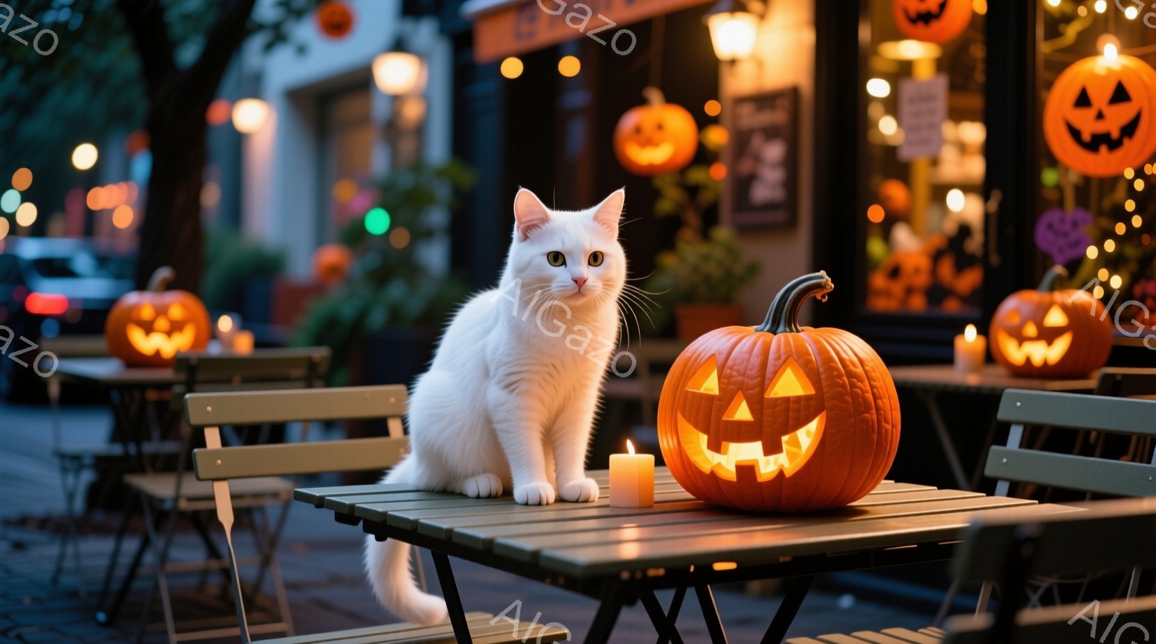白い猫が屋外カフェのテーブルに座っており、オレンジ色のジャック・オー・ランタンと周りの小さなキャンドルに囲まれています。背景にはハロウィーンの装飾が施されたカフェの窓と、ぼやけた街並みが見えます。全体的に、ハロウィーンの夜の温かく、居心地の良い雰囲気が漂っています。