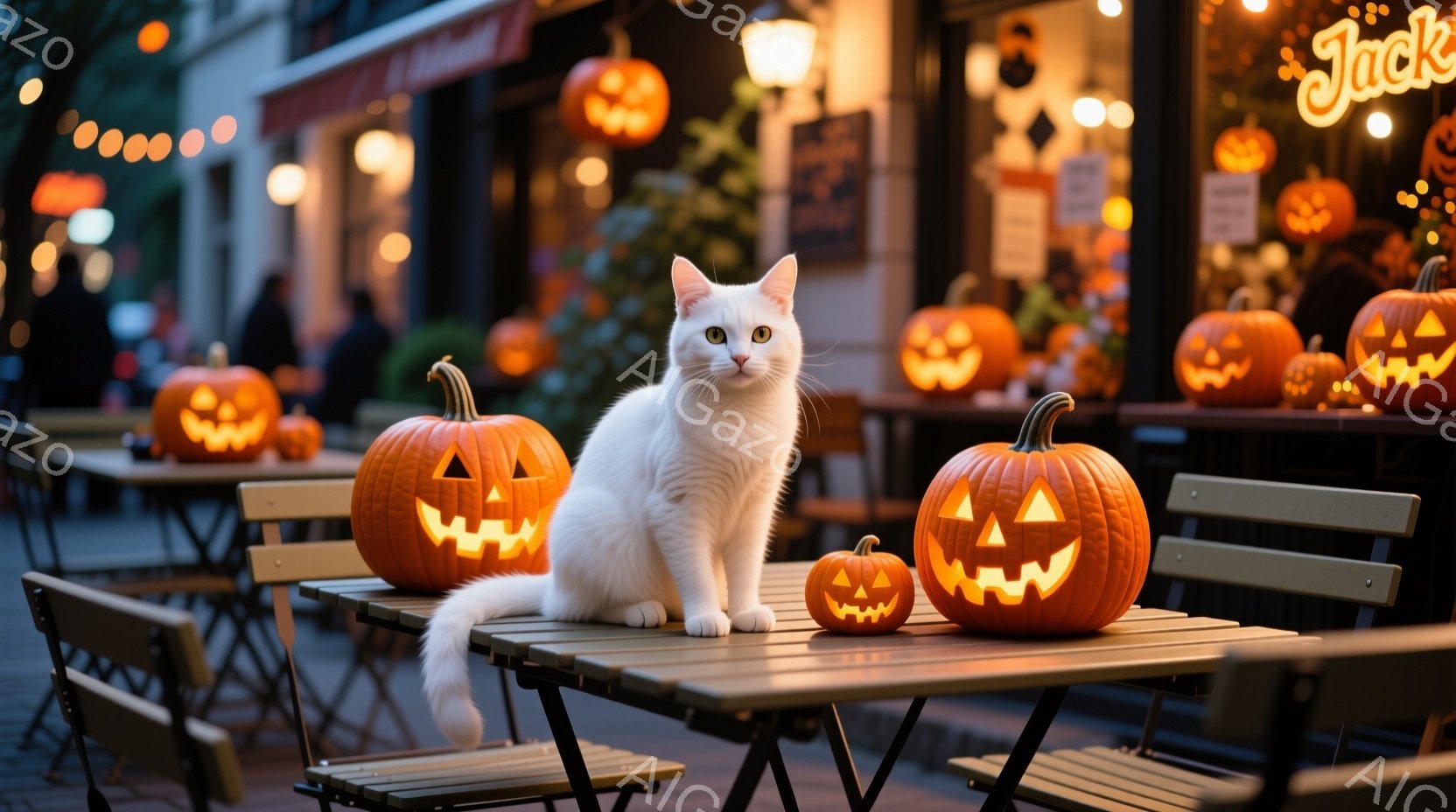 白い猫が、ハロウィーンの装飾がされた屋外のカフェのテーブルに座っています。テーブルの上には、様々な大きさのジャック・オー・ランタンが置かれ、背景にはぼんやりと建物とハロウィーンの飾り付けが見えます。暖 - AI生成フリー素材