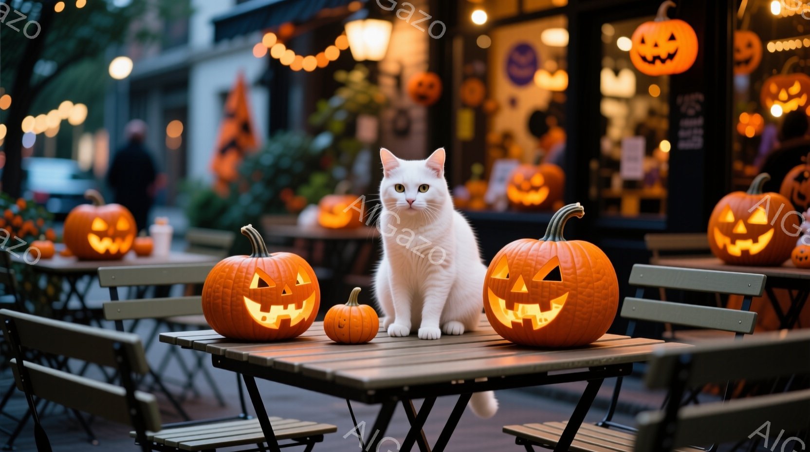 白い猫が、ハロウィーンの飾り付けがされた屋外のカフェのテーブルに座っています。テーブルの上には、点灯されたジャック・オー・ランタンがいくつか置かれており、背景にはぼんやりと建物と装飾が灯っています。全体的に、暖かく、お祝いの雰囲気で、ハロウィーンの夜を連想させます。