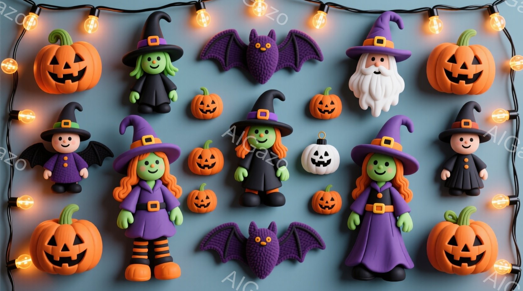 ハロウィーンをテーマにした可愛らしい粘土のキャラクターたちが青い背景に並んでいます。魔女、お化け、かぼちゃ、コウモリなど、様々なキャラクターがそれぞれ異なる表情で、ハロウィーンらしい装いを楽しんでいま - AI生成フリー素材