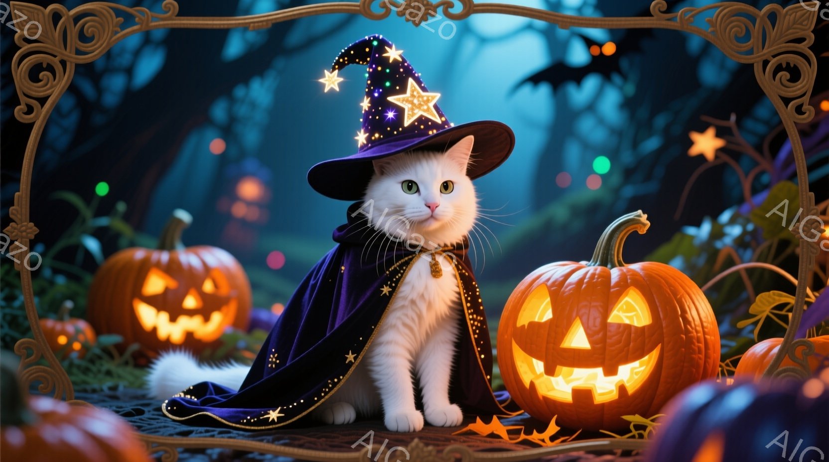 白い猫が紫色の星柄のマントと先のとがった帽子を身に着け、ハロウィーンの雰囲気を醸し出しています。猫は正面をまっすぐ見つめ、いたずらっぽい表情で、オレンジ色のジャック・オ・ランタンに囲まれています。背景は暗い森で、ぼんやりとした光が差し込み、ハロウィーンの夜の神秘的な雰囲気を強調しています。