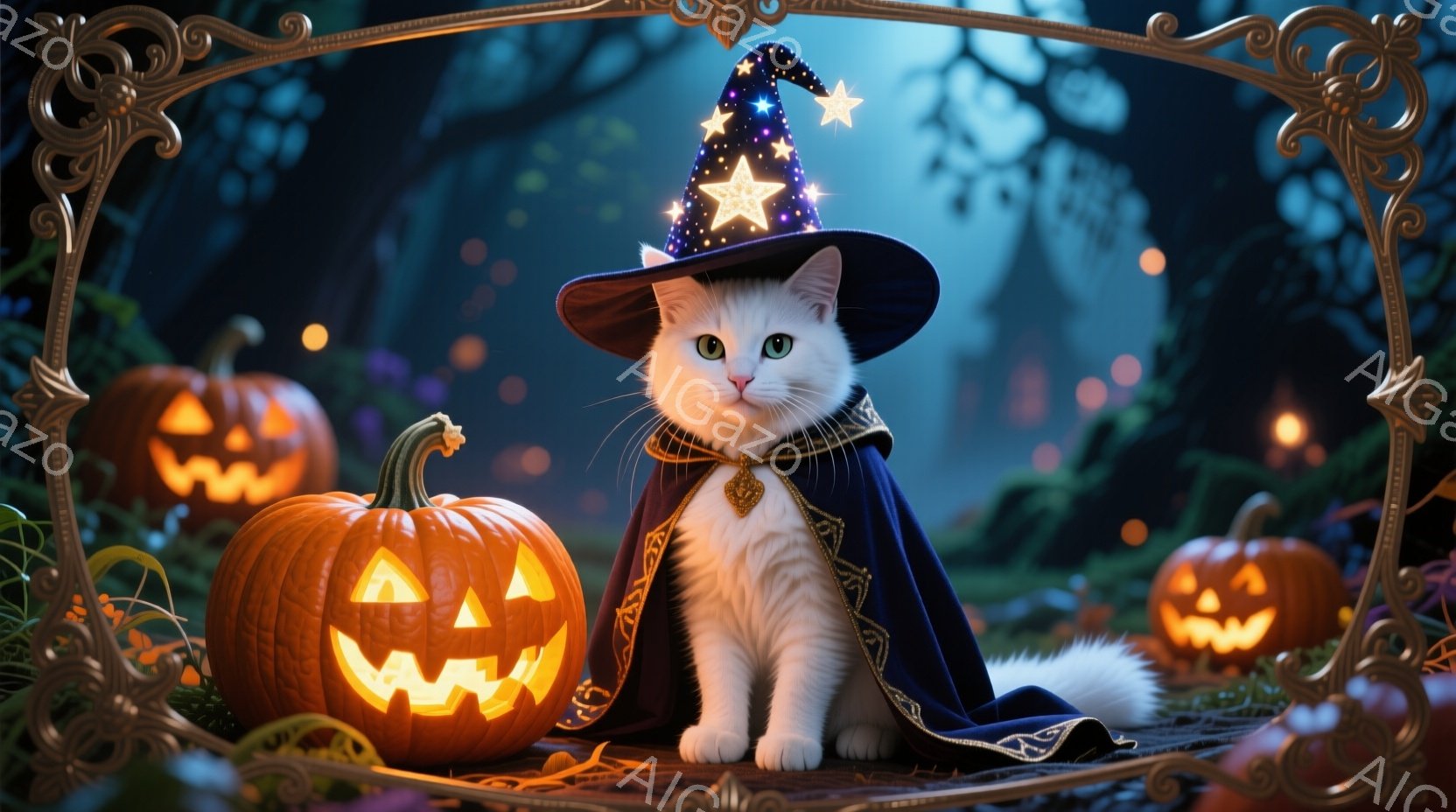 白い猫が、星が飾られた魔法使いの帽子と、金色の装飾が施された黒いマントを身に着けて座っています。周囲には、ジャック・オー・ランタンが灯っており、薄暗い森の中、木々の間から星が輝く夜の背景が広がっていま - AI生成フリー素材