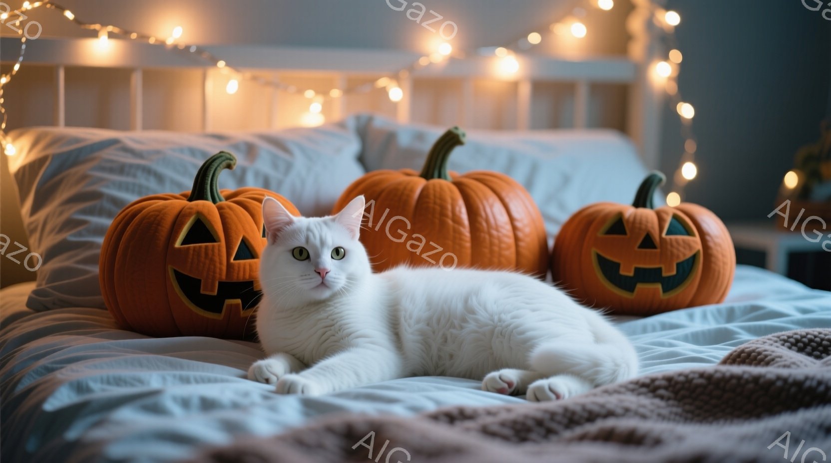 白い猫がベッドの上で、ハロウィーンの装飾である3つのジャック・オー・ランタンに囲まれて横たわっています。猫はリラックスした様子で、カメラを見つめており、その背景にはぼんやりとライトが飾られています。全体的に暖かく、季節感のある、穏やかな雰囲気です。