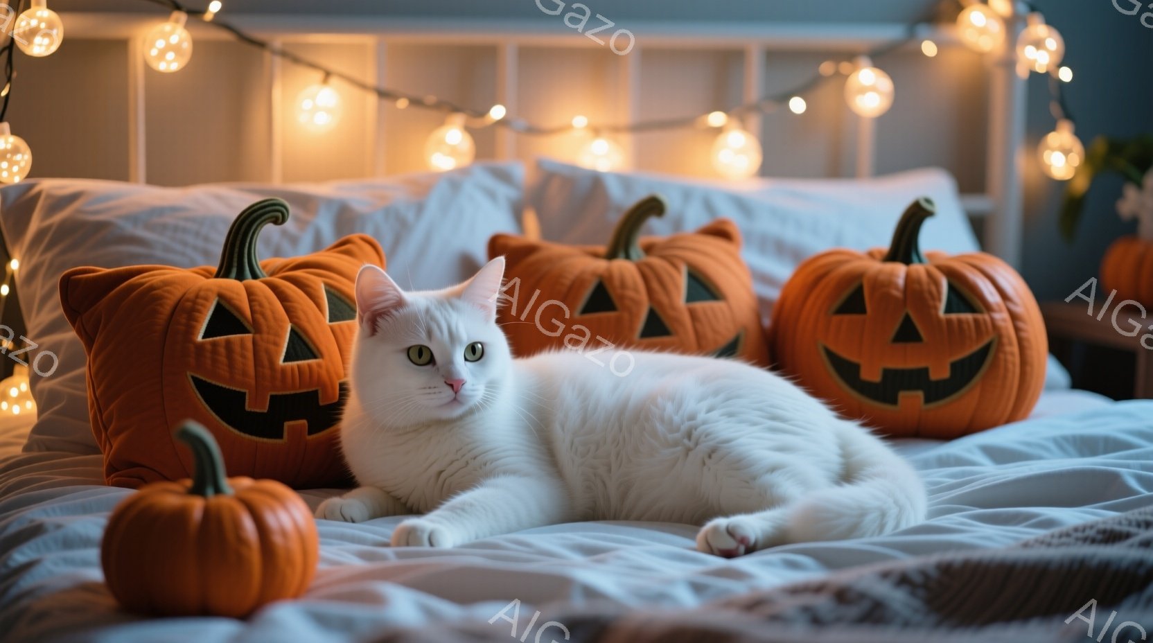 白い猫が、ハロウィーンの装飾であるカボチャの枕と小さなカボチャに囲まれてベッドの上で横たわっています。猫はリラックスした表情で、カメラの方をじっと見ています。背景には、温かい光を放つハロウィーンのライトが飾られており、全体的に暖かく、居心地の良い雰囲気を醸し出しています。