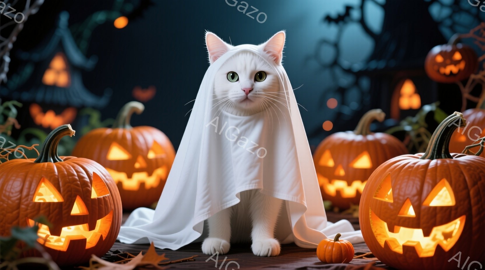 白い猫がハロウィーンの幽霊の衣装を着て座っており、その表情は穏やかで少し好奇心旺盛だ。背景には、様々な大きさのジャック・オ・ランタンが並び、暗い空と不気味な木のシルエットがハロウィーンの雰囲気を盛り上 - AI生成フリー素材