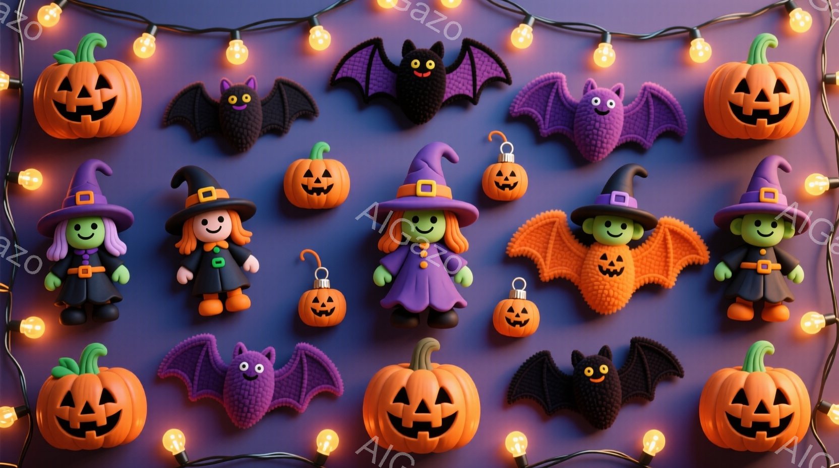 カボチャやコウモリ、魔女のイラストが、紫色の背景に並んでいます。魔女たちはそれぞれ緑や紫のドレスを着ており、帽子をかぶり、笑顔を見せています。背景には電球が光っており、ハロウィーンの楽しい雰囲気を演出 - AI生成フリー素材