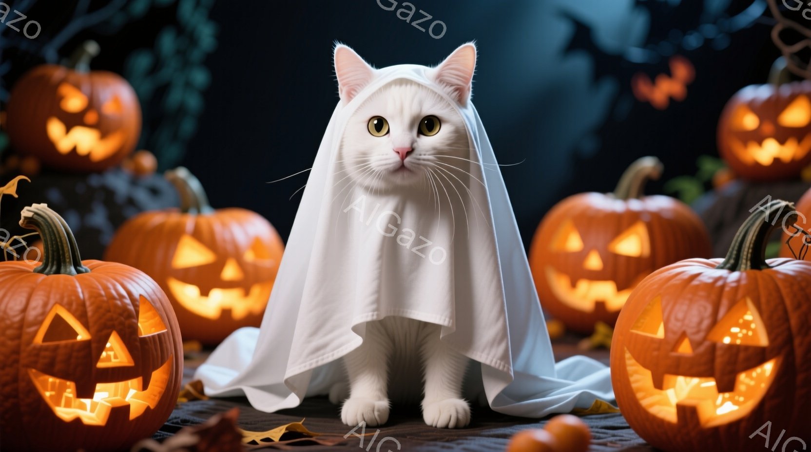 白い猫がハロウィーンの仮装をしており、白い布を身にまとっています。猫は正面をまっすぐ見ており、少しいたずらっぽい表情を浮かべています。背景には、ジャック・オ・ランタンが散りばめられ、落ち葉が敷かれた暗い夜の雰囲気で、ハロウィーンらしい楽しいムードを醸し出しています。