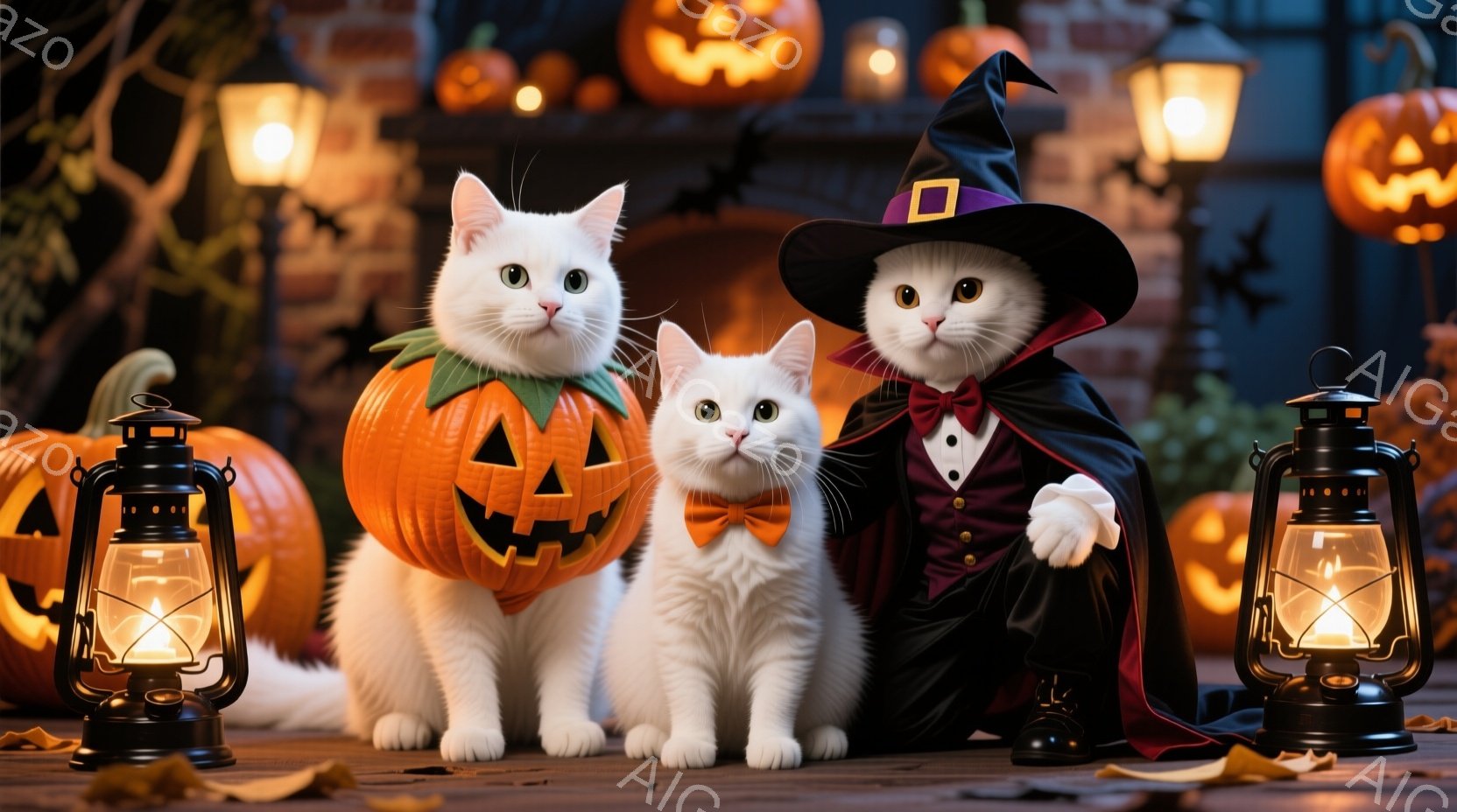 白い猫たちがハロウィーンの衣装を着て、並んで座っています。中央の猫はオレンジ色のリボン、左の猫はジャック・オ・ランタンの衣装、右の猫はローブと帽子を着用しています。背景には、カボチャ、提灯、そしてハロ - AI生成フリー素材