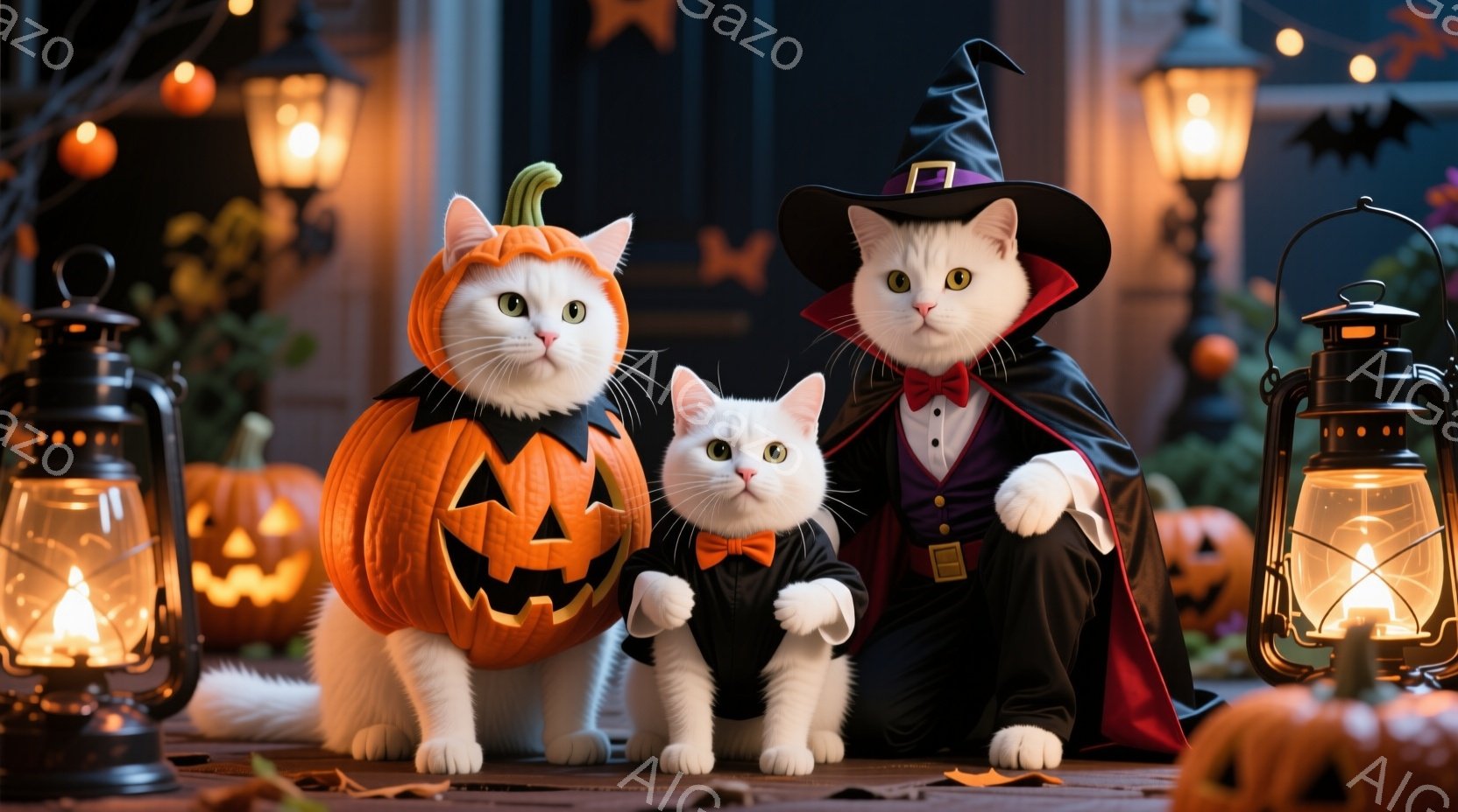 白い猫たちがハロウィーンの衣装を着て並んでいます。左の猫はカボチャの衣装を被り、中央の猫は蝶ネクタイをつけ、右の猫は魔女の帽子と赤いマントを身につけています。背景には、カボチャのランタンやハロウィーンの装飾が施された暗い夜の庭があり、お祭り騒ぎの雰囲気を感じさせます。