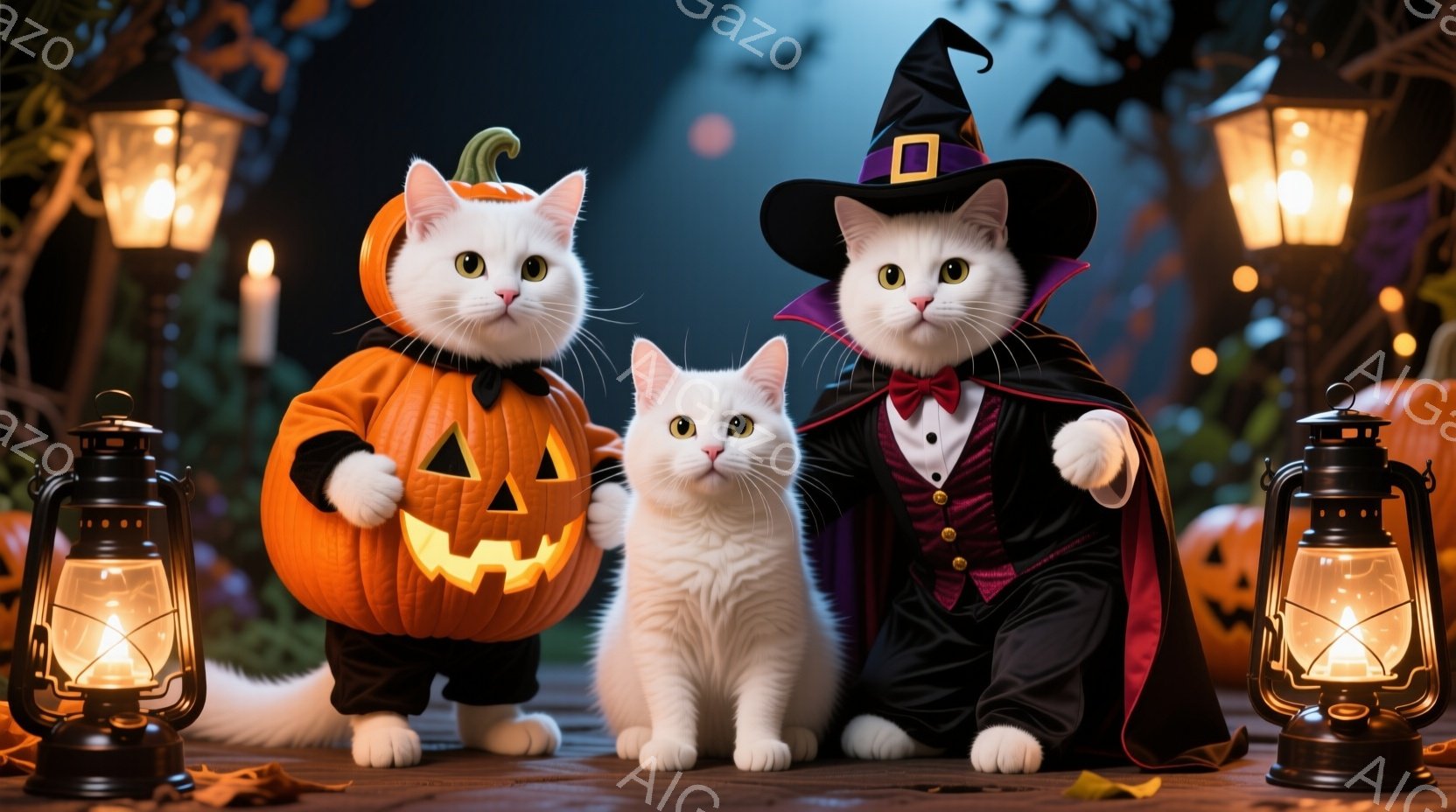 「ハロウィン」のテーマを持つ写真で、3つの猫が集まっている。1つは普通の猫、他2つは衣装と仮面を着用し、恐ろしいキャラクターに似た姿勢を取り、目が開けており、威嚇的な表情を持っている。背景は夜の様子で、灯台や木々があり、空には恐ろしい雲が漂っている。雰囲気はホラー風で、視覚的にスリィムな表現がされている。